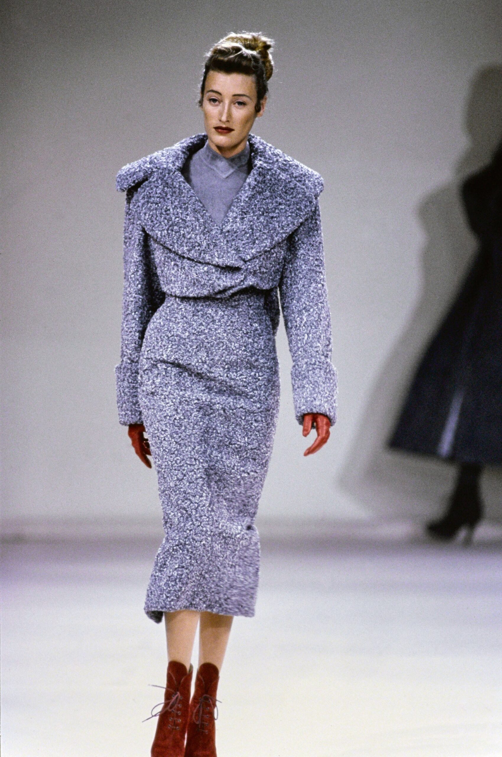 gray wool fitted dress with oversized coat