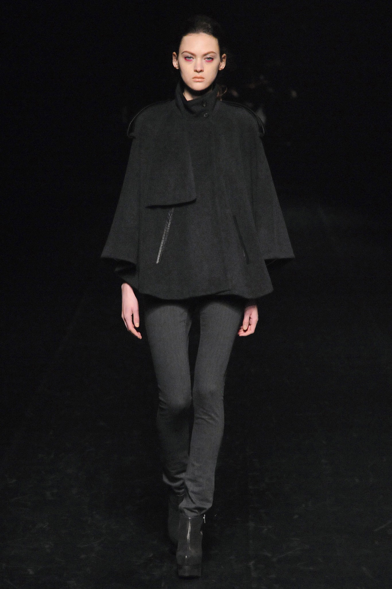 black wool cape with slim pants
