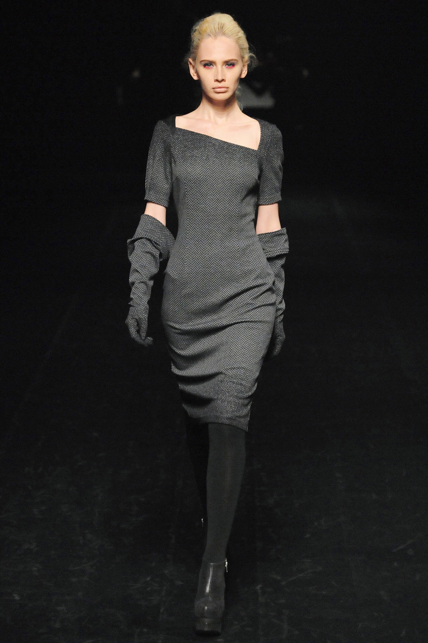 black fitted midi dress with gloves
