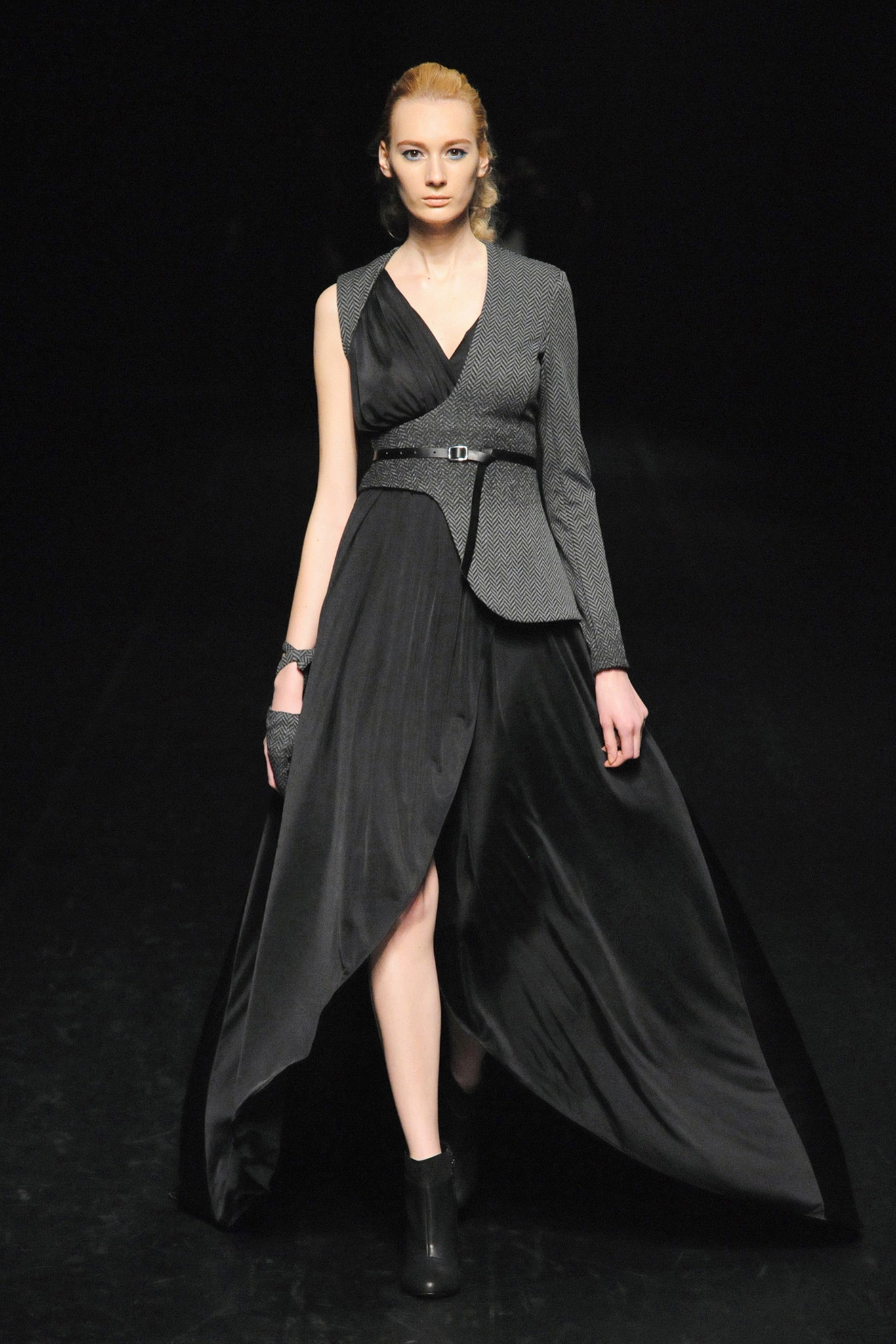black silk asymmetric dress with gray blazer