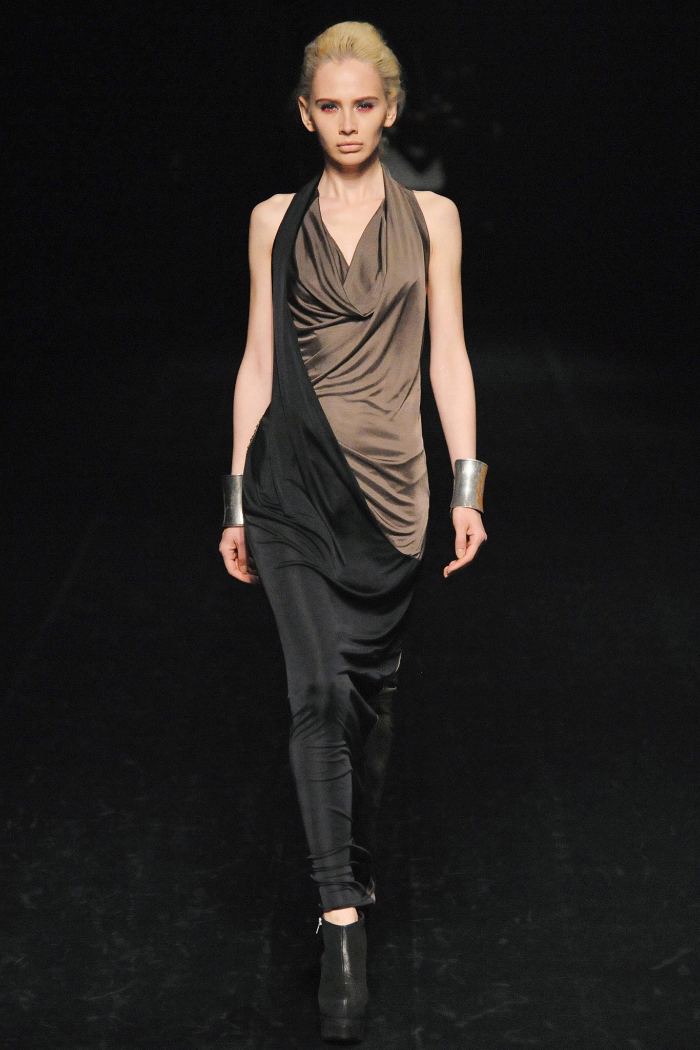 black and gray draped midi dress