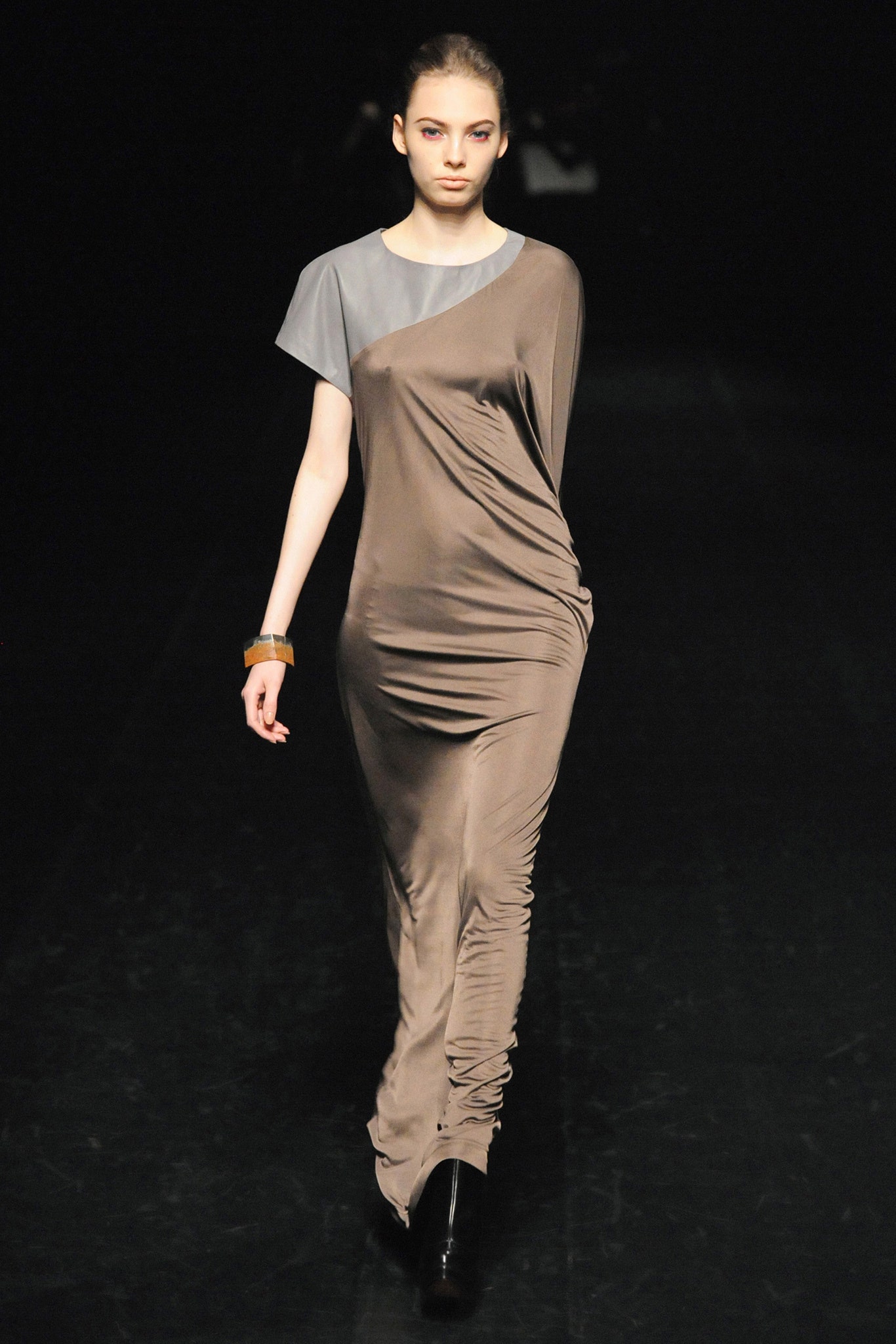 brown gray draped maxi dress