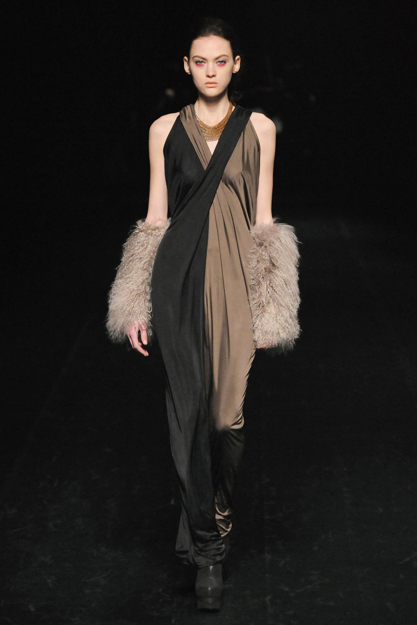 maxi dress with faux-fur coat