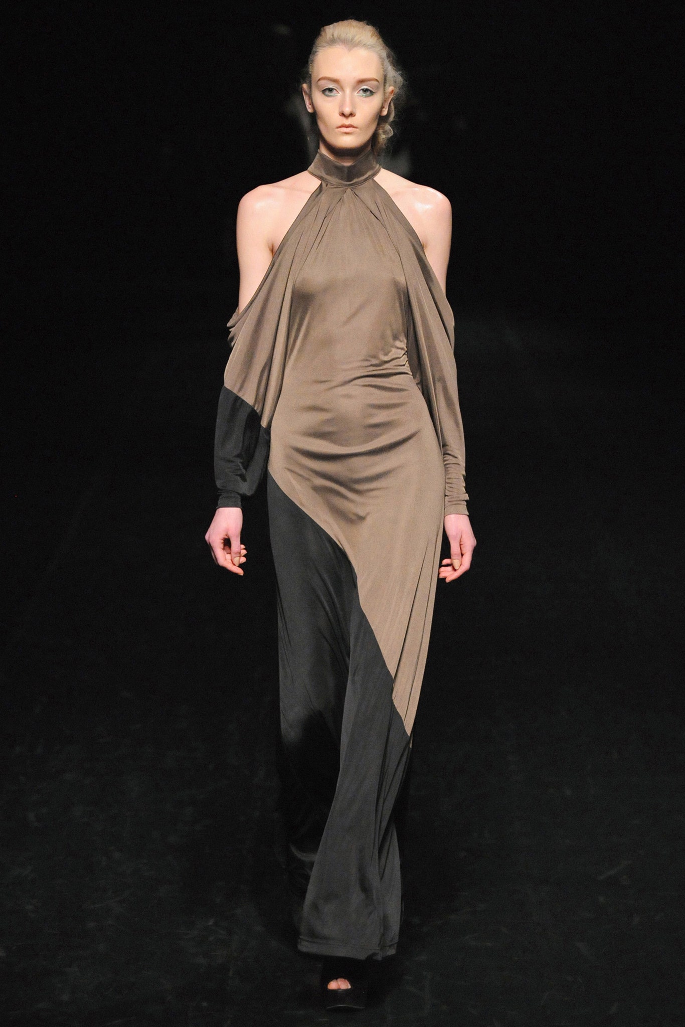 beige and black draped gown