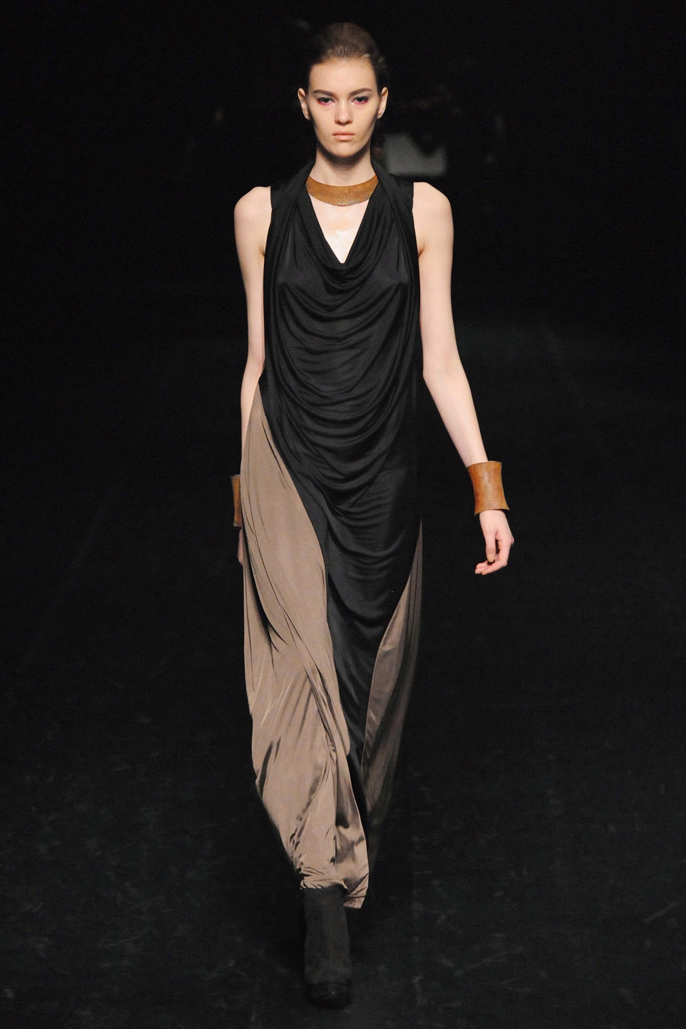 black and beige draped midi dress