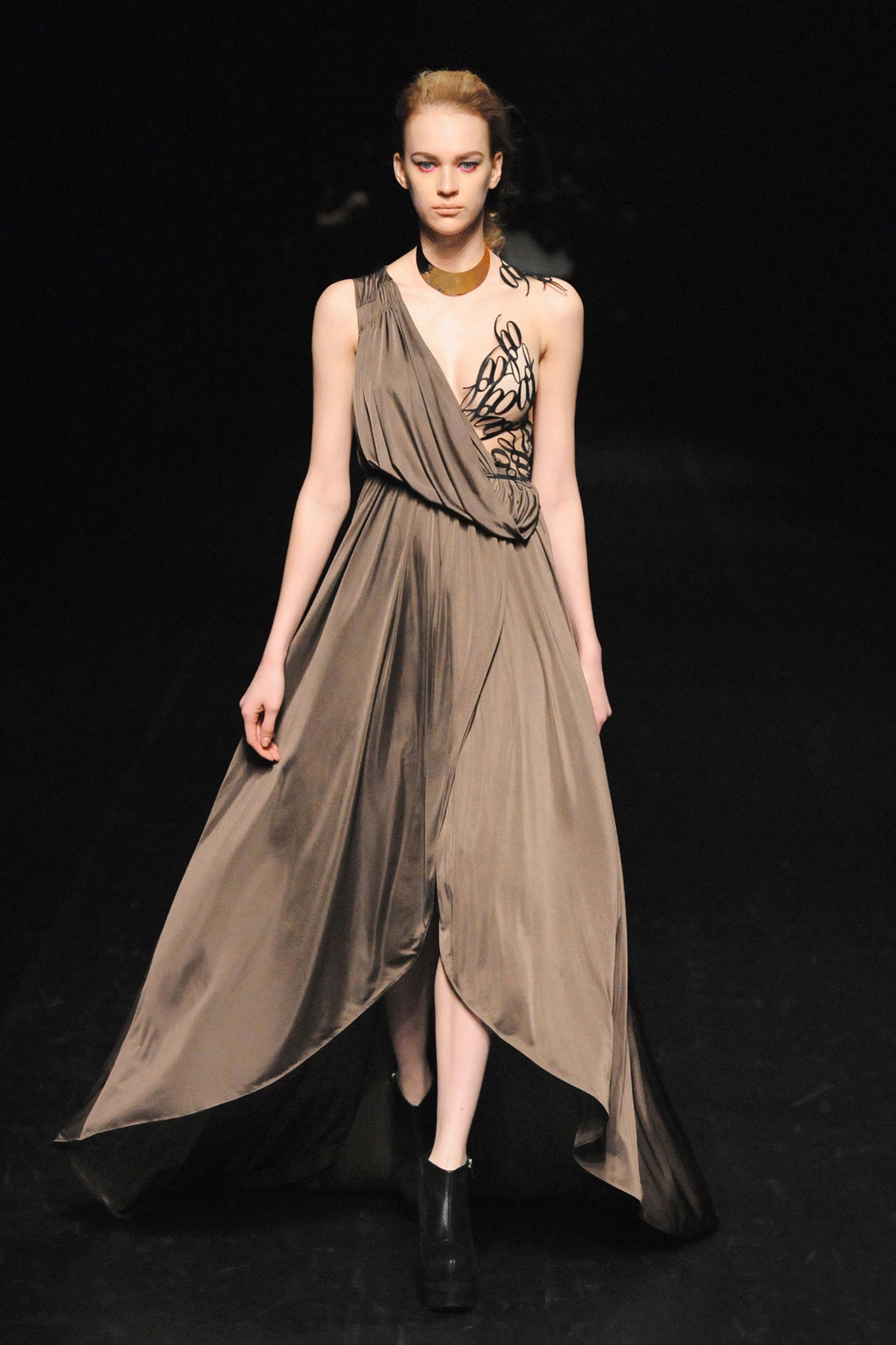 brown silk sleeveless gown