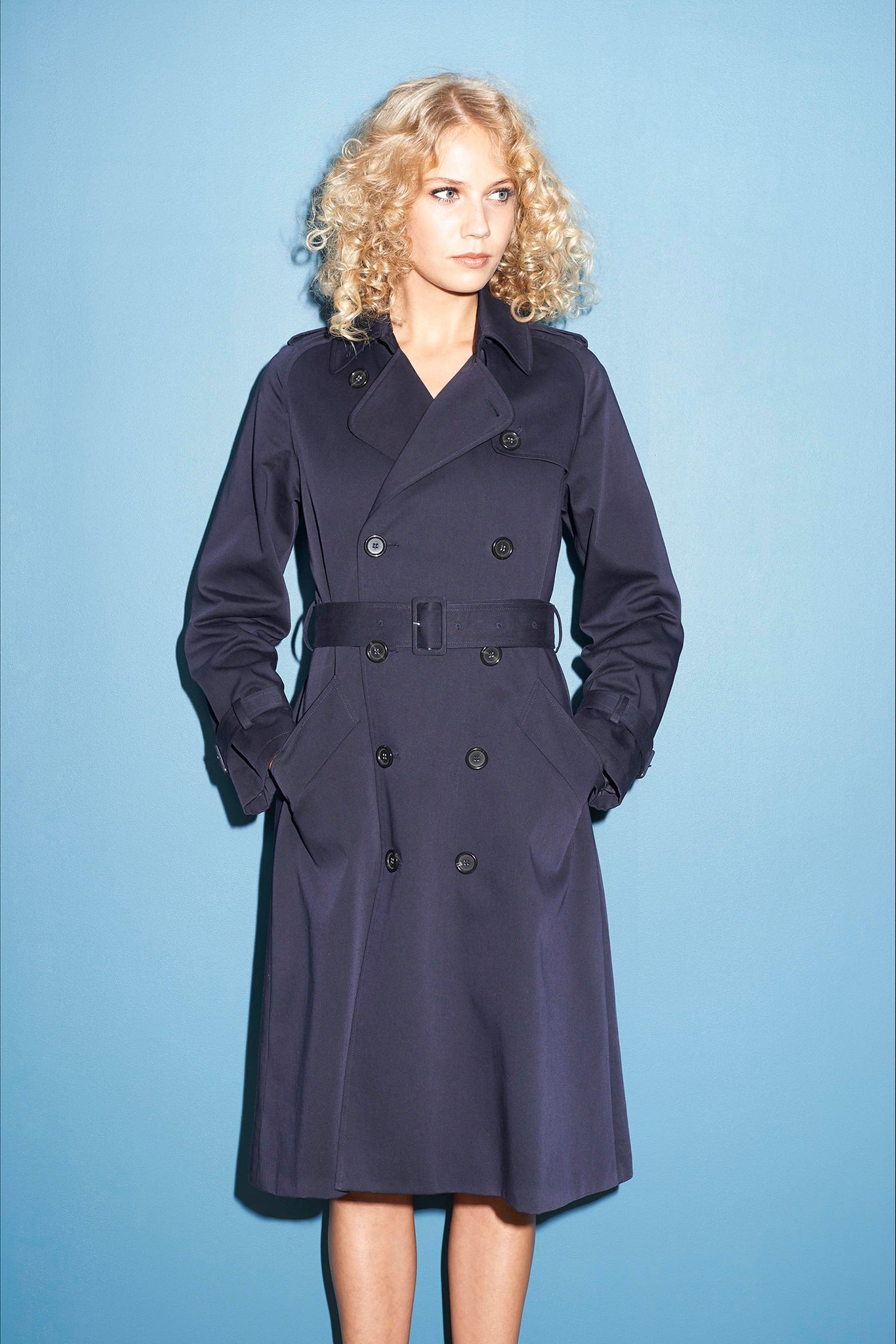 blue fitted cotton trench coat