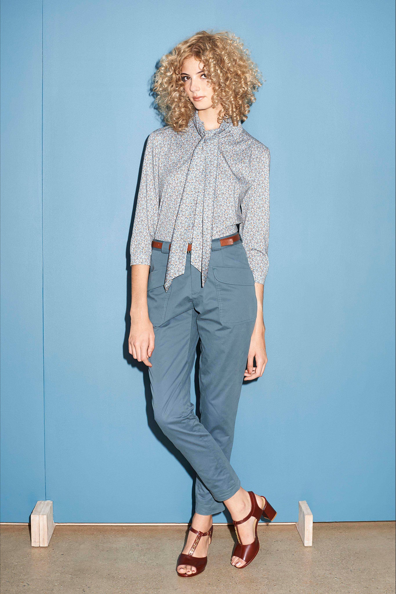 blue cotton long-sleeve collared fitted printed blouse