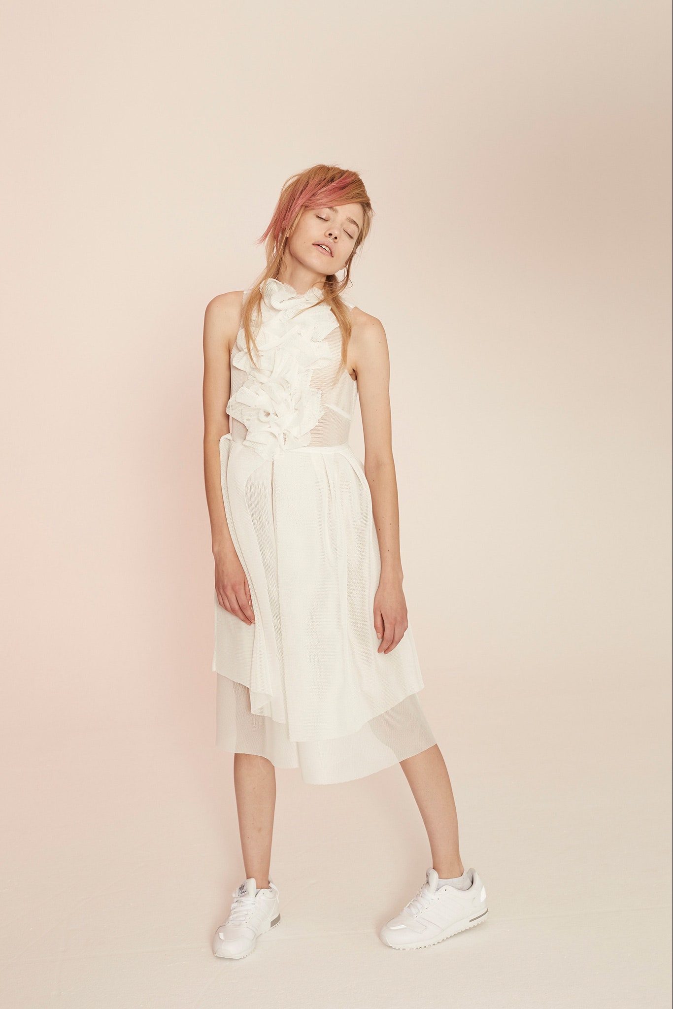 white ruffled midi dress with sneakers