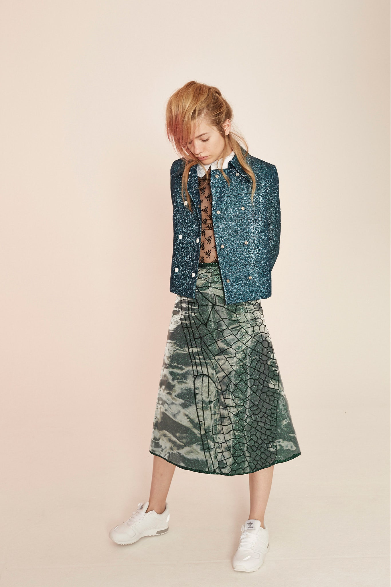 blue denim jacket green midi skirt