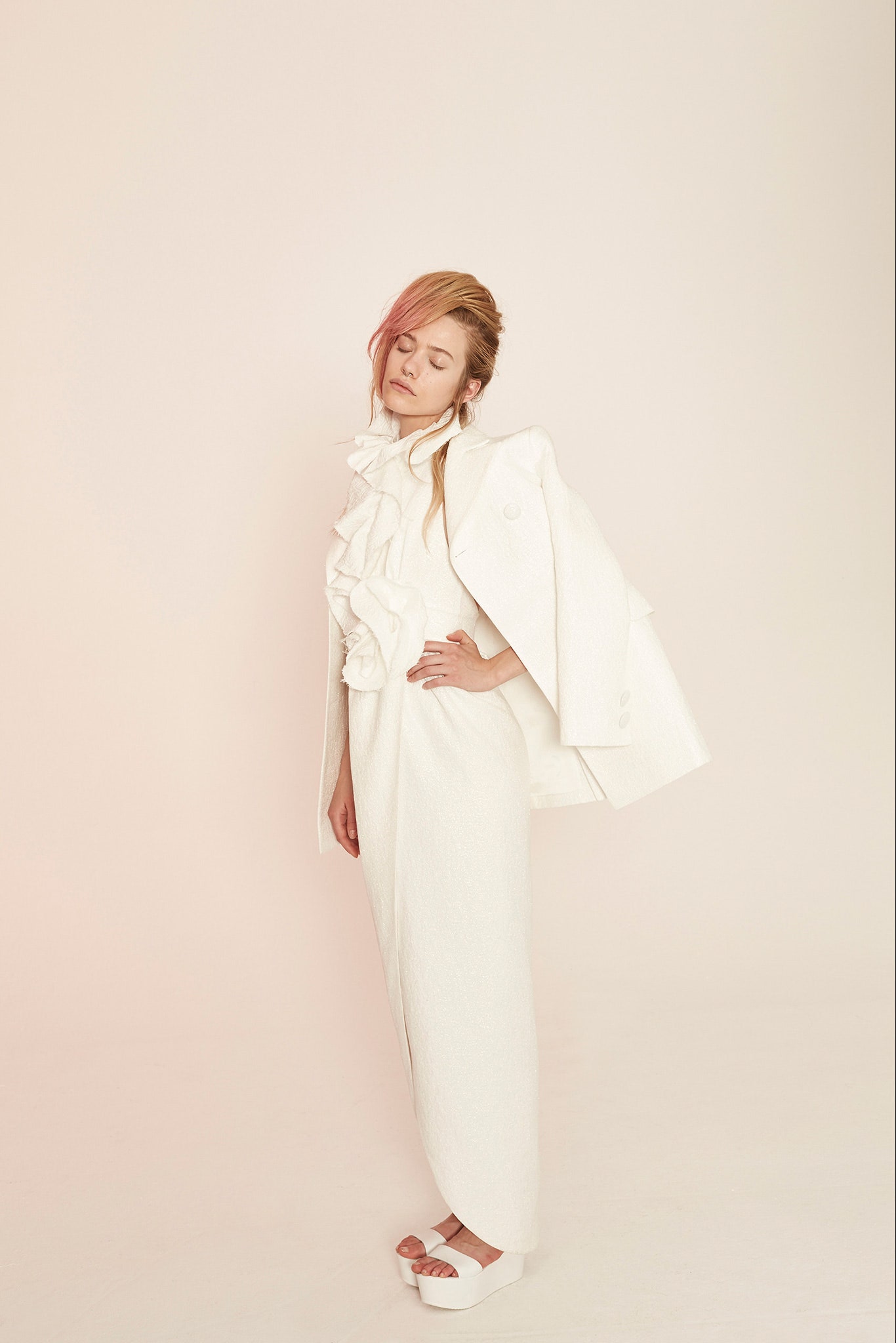 white ruffled maxi dress with jacket