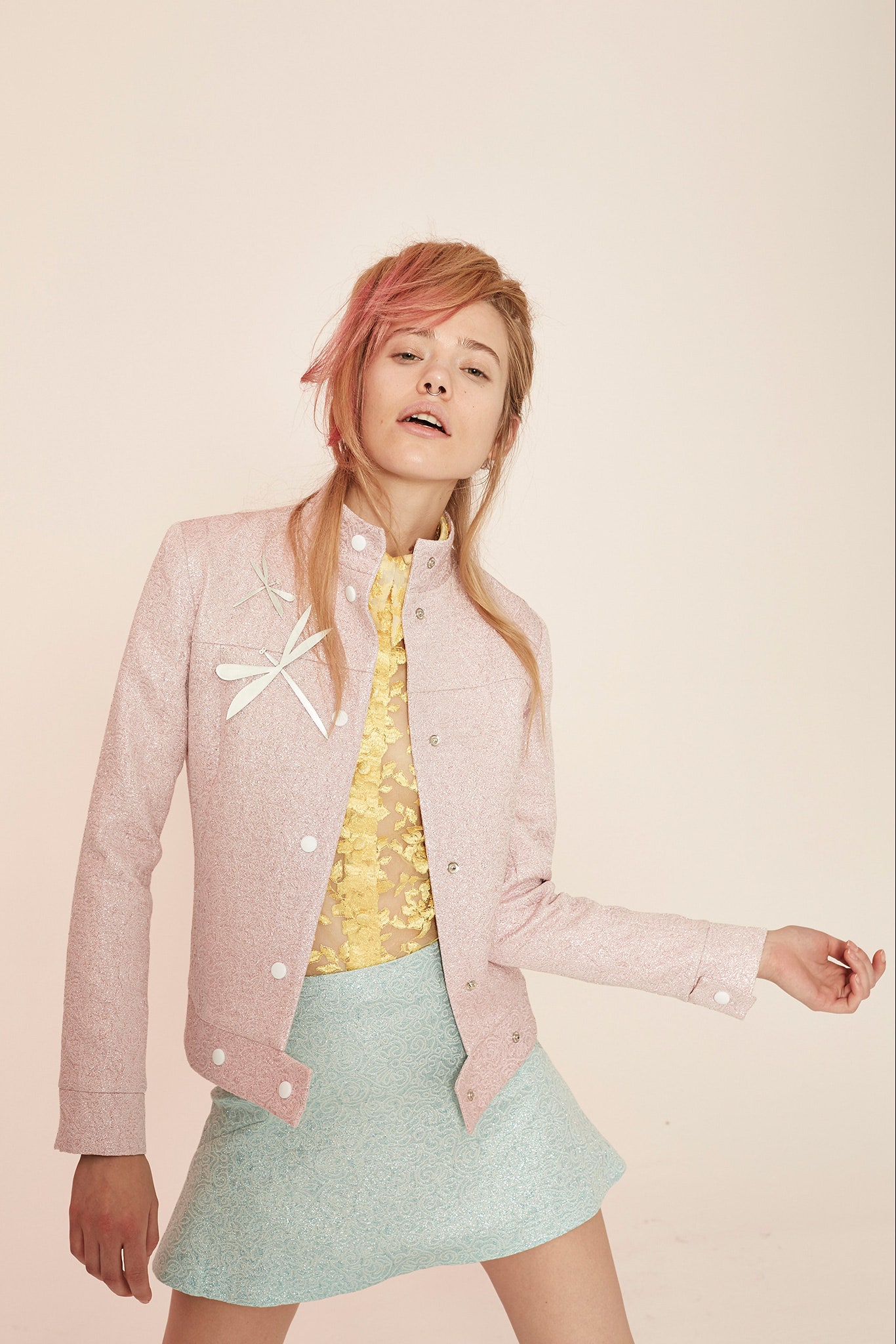pink cotton long-sleeve collared fitted buttoned shiny jacket