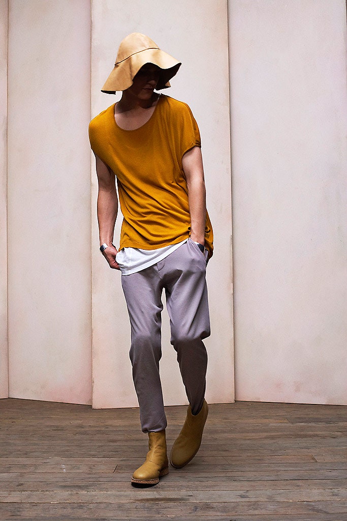 yellow relaxed top with gray pants