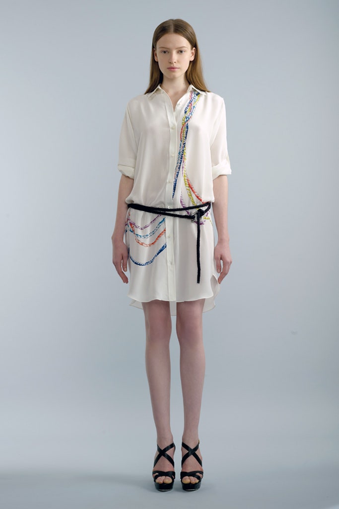 white silk long-sleeve collared relaxed layered embroidered shirt-dress