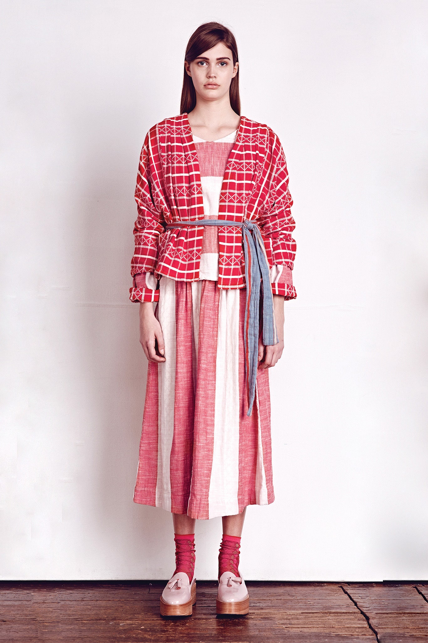 red and white tiered dress with jacket