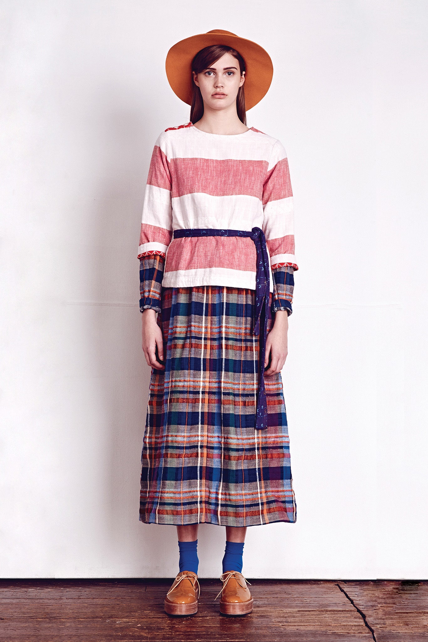 striped top with pleated maxi skirt