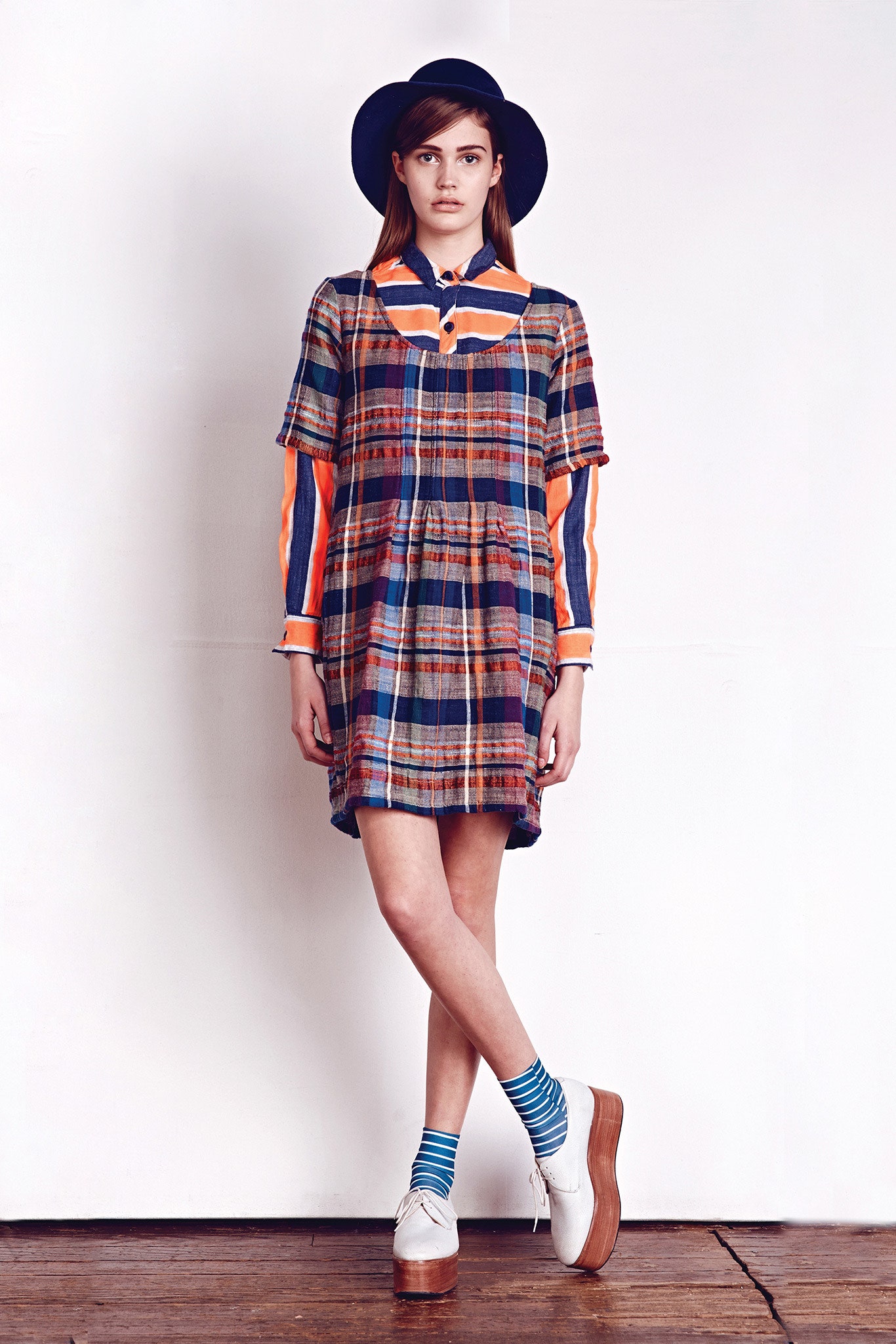 multi cotton short-sleeve collared relaxed pleated short dress