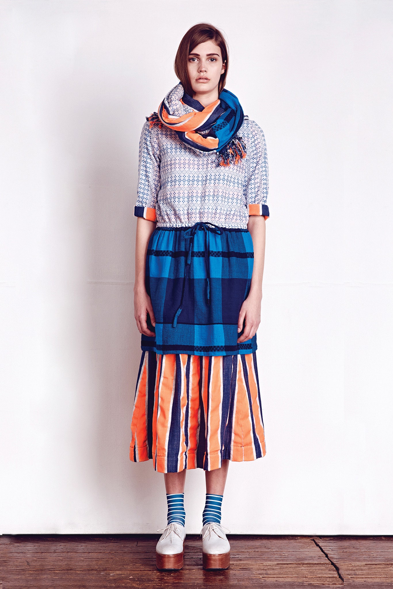 blue and orange layered outfit