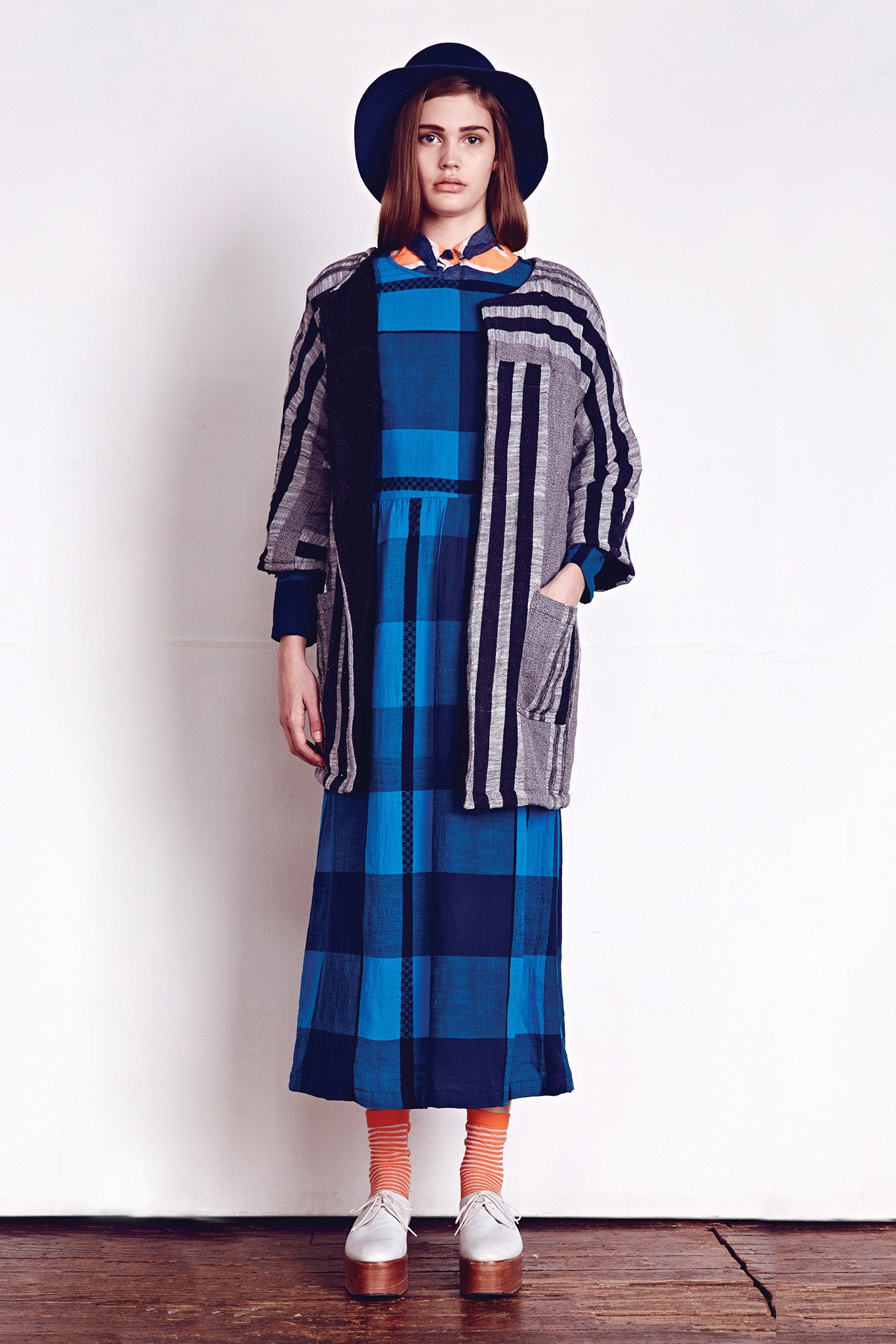 blue checked maxi dress with oversized coat