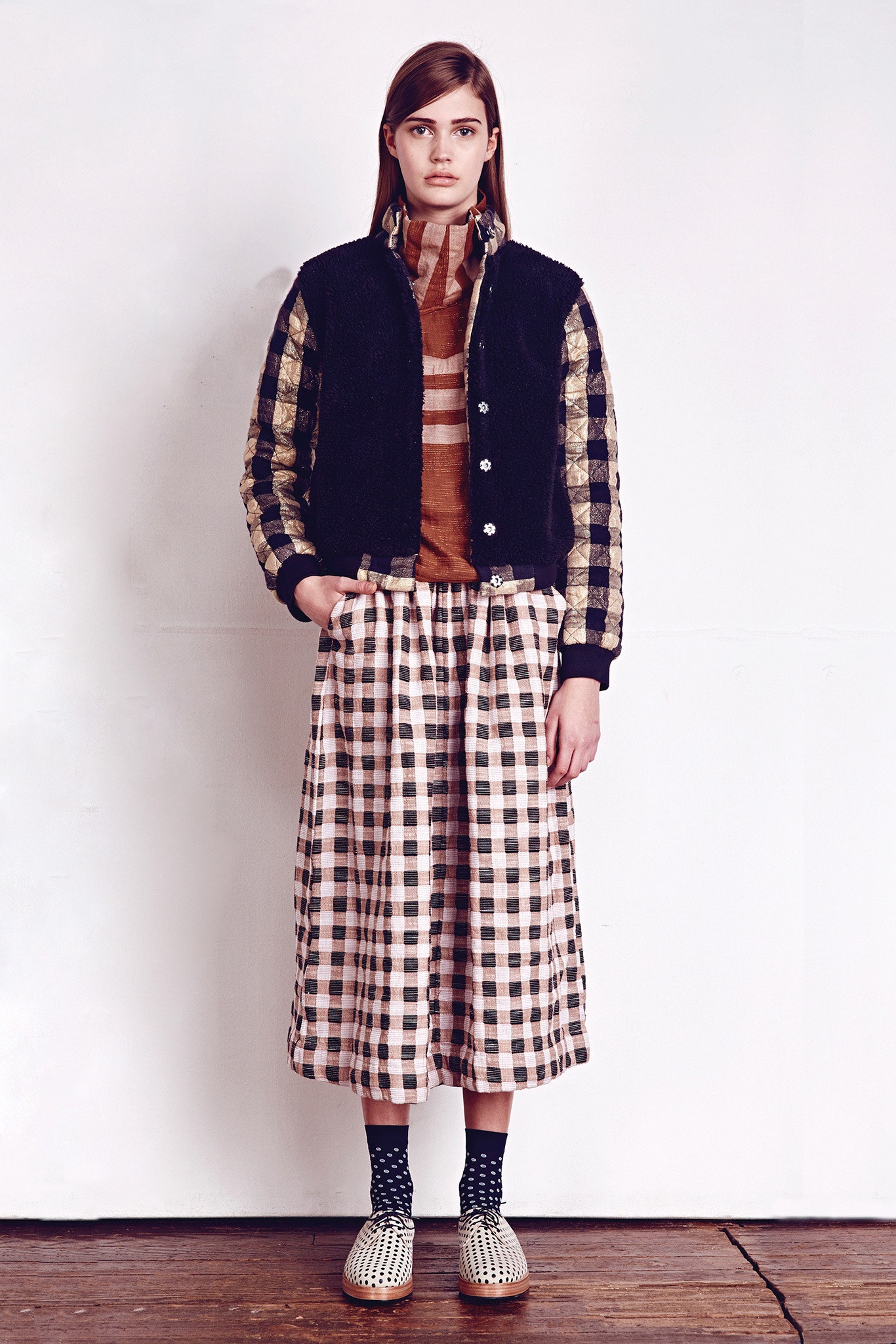 black gold checked jacket with midi skirt