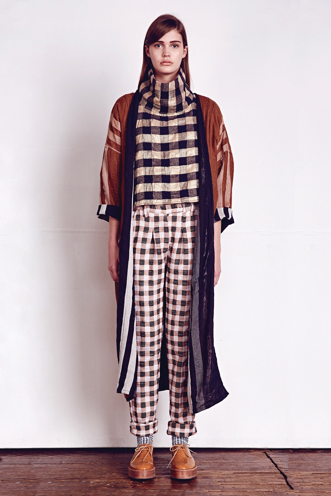 brown silk coat with checked top and pants