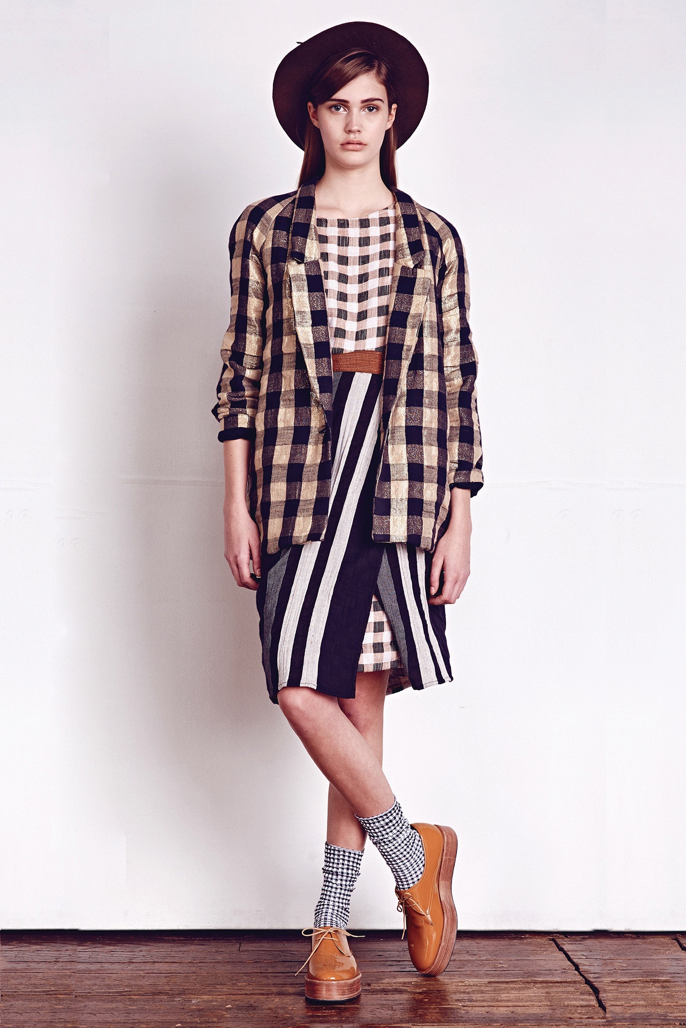 checked blazer and striped dress