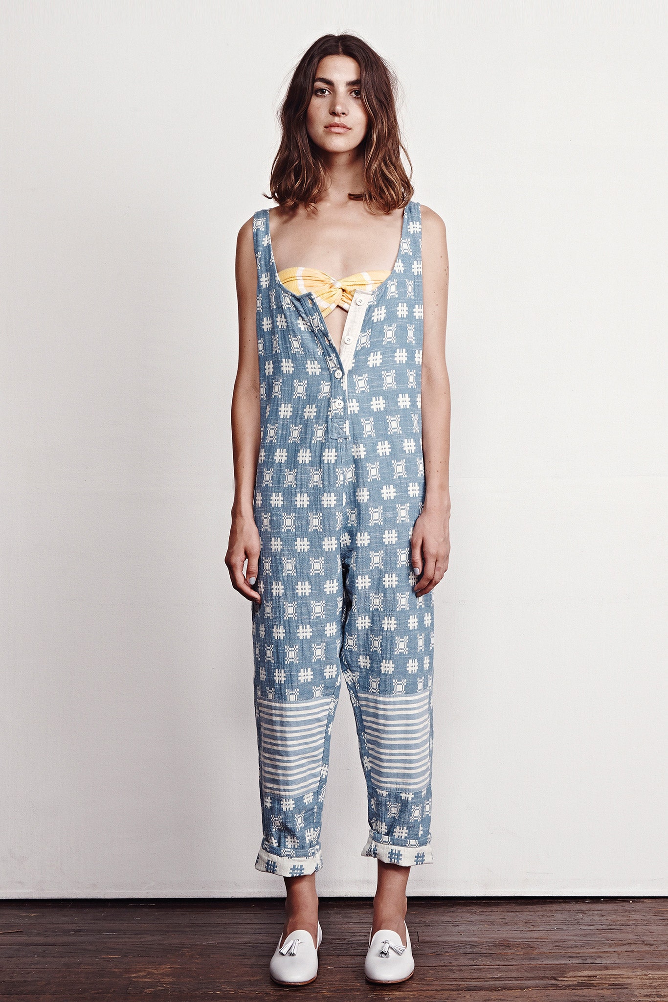 blue and white printed jumpsuit