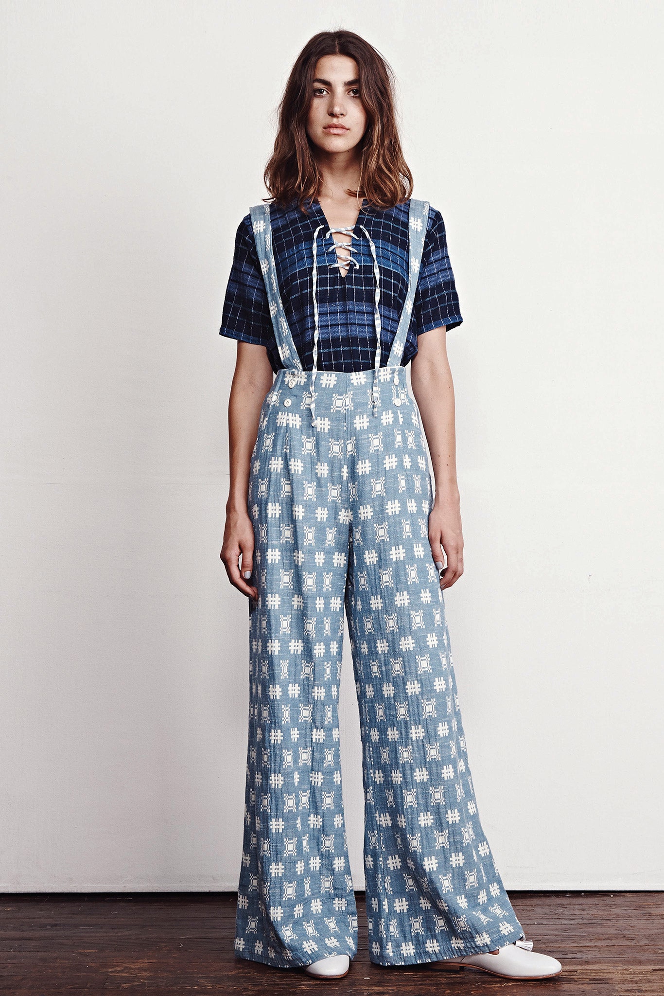 blue checked top and printed pants