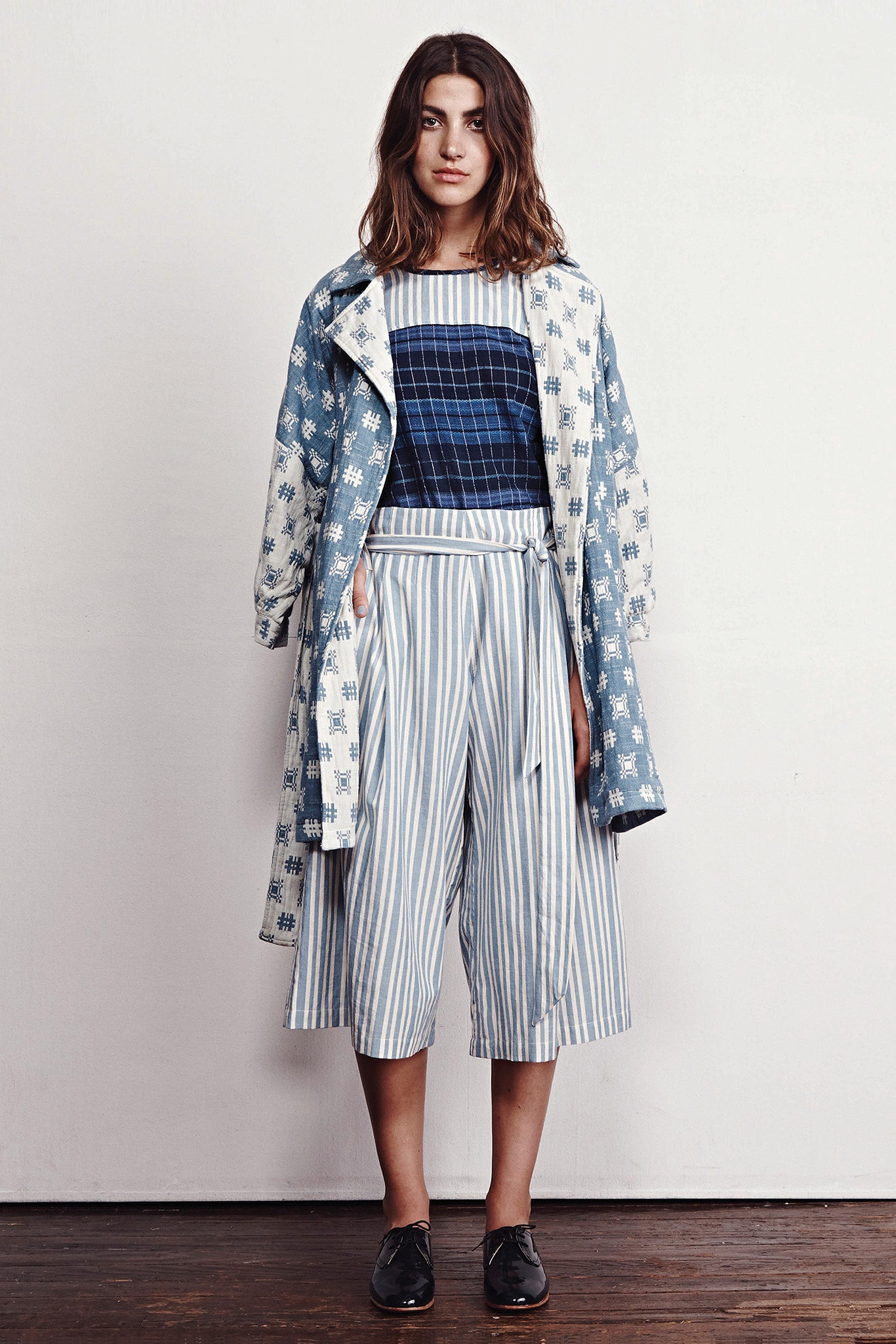 blue and white printed coat with culottes