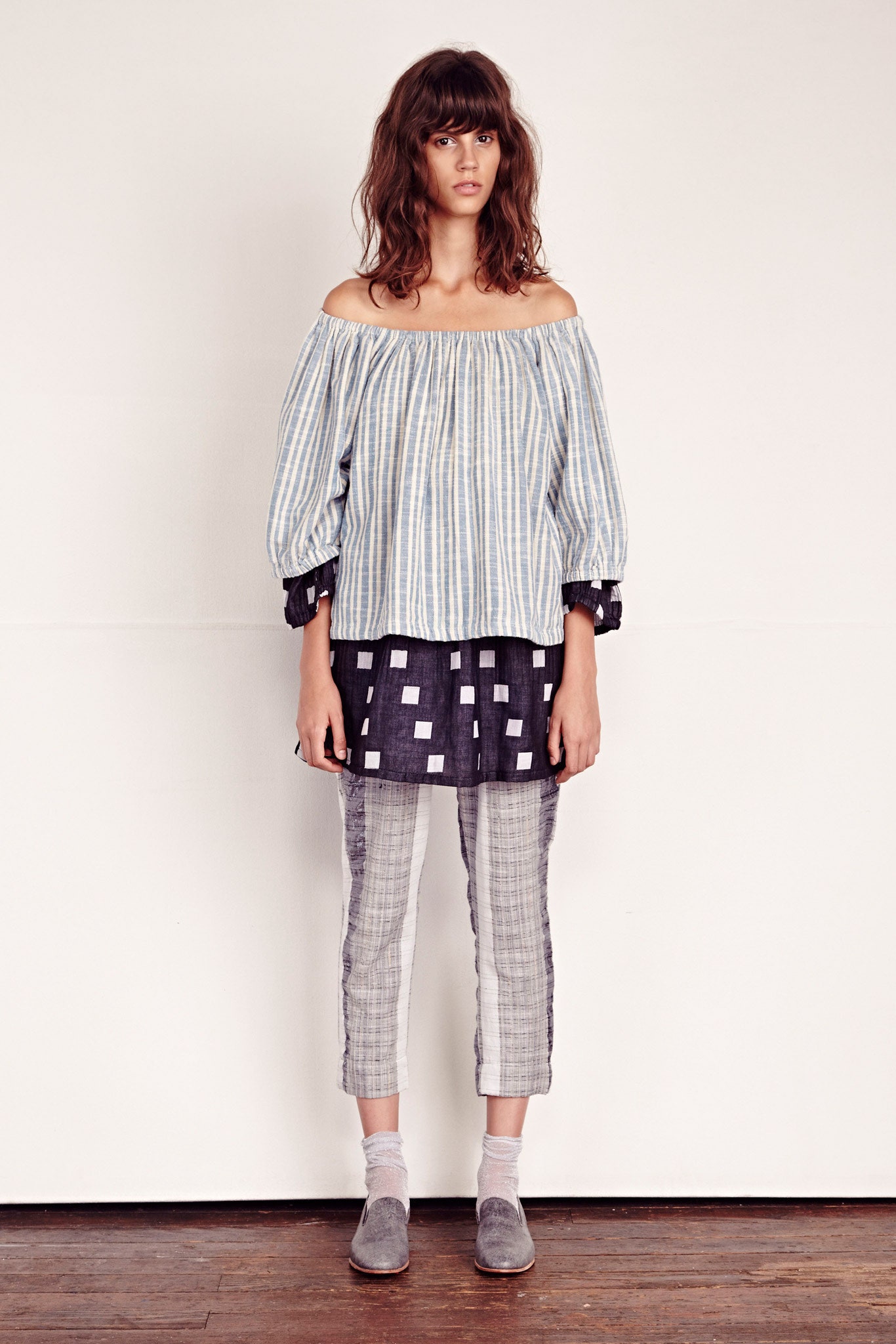 blue cotton off-shoulder long-sleeve relaxed striped top