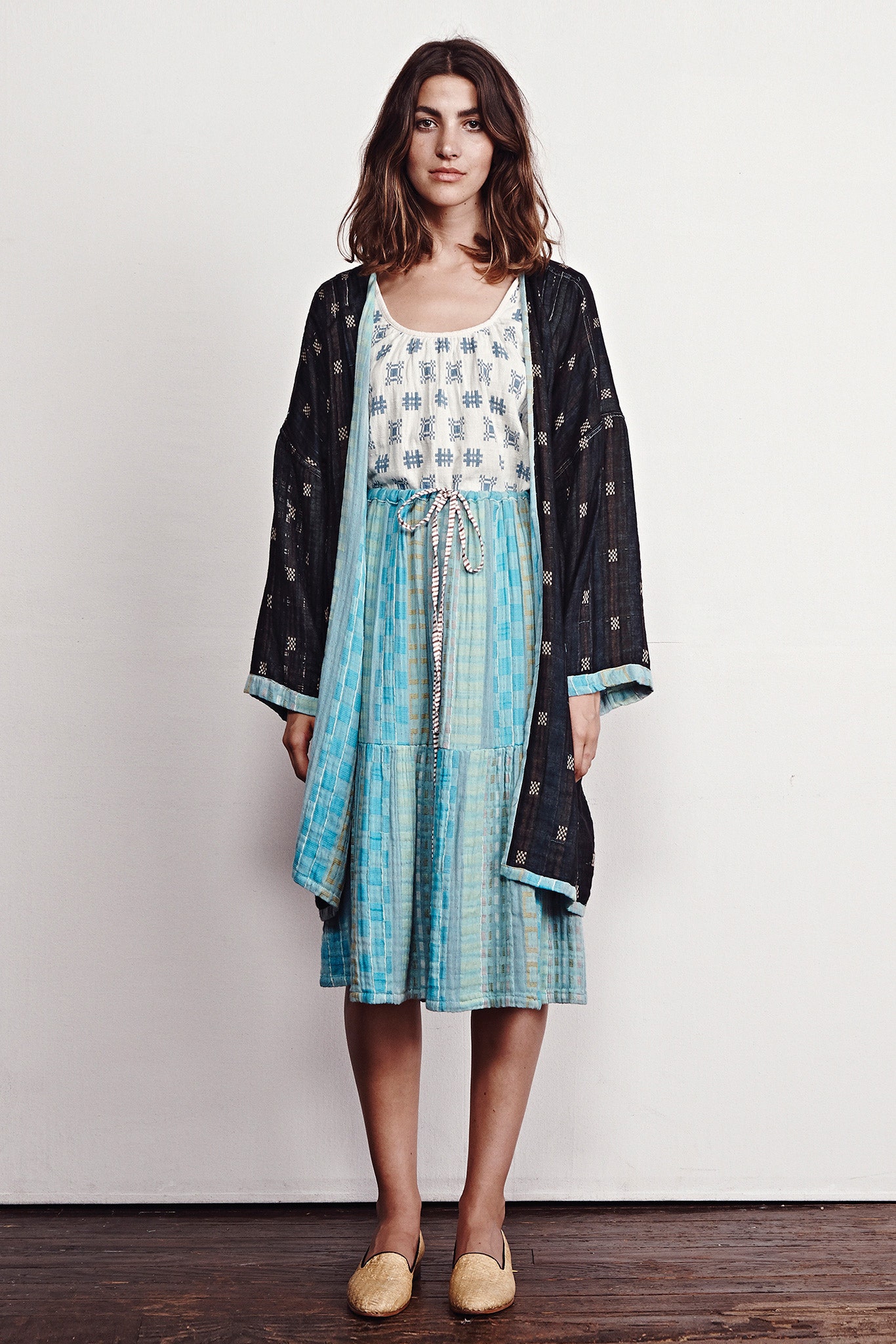 relaxed tiered midi dress with black coat