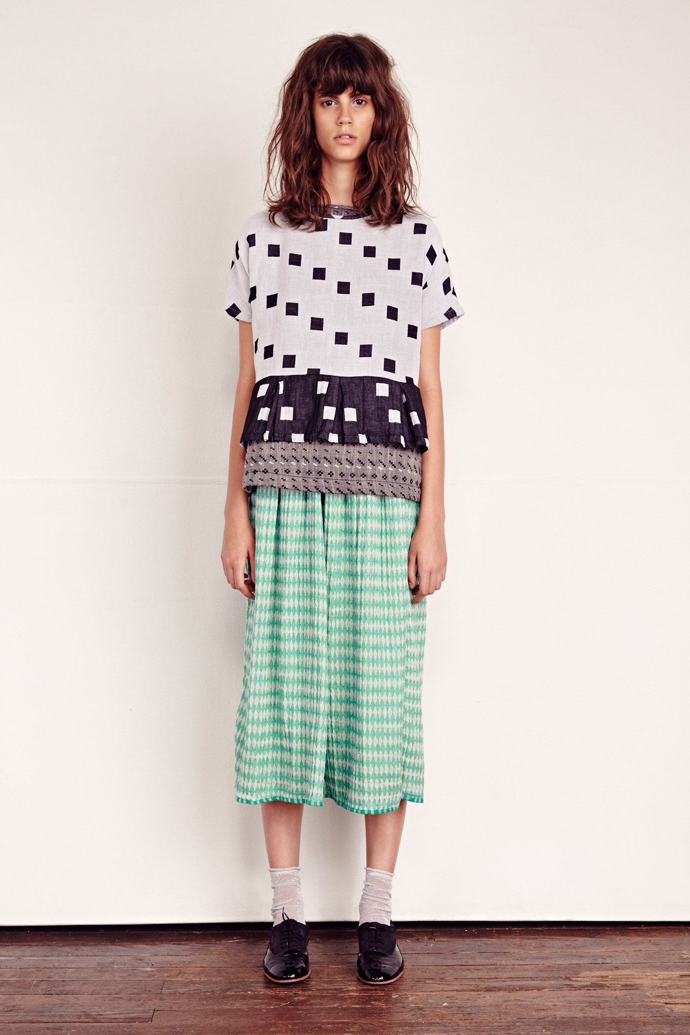 green cotton relaxed pleated midi skirt