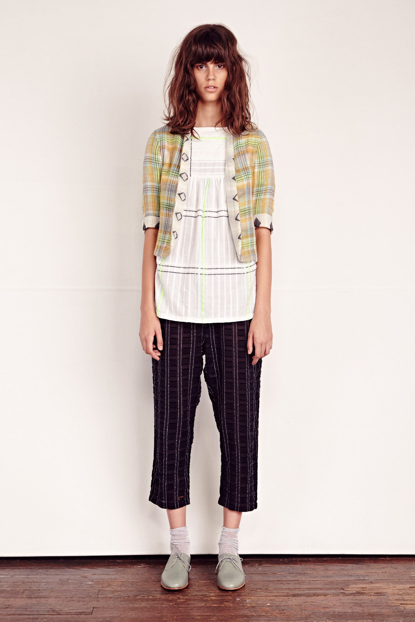 yellow cotton short-sleeve collared relaxed checked jacket