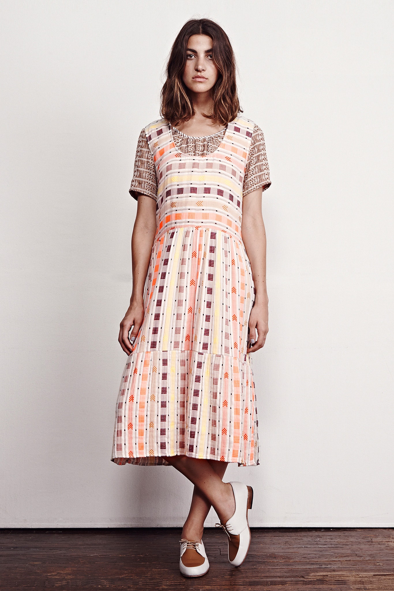 pink and orange striped midi dress