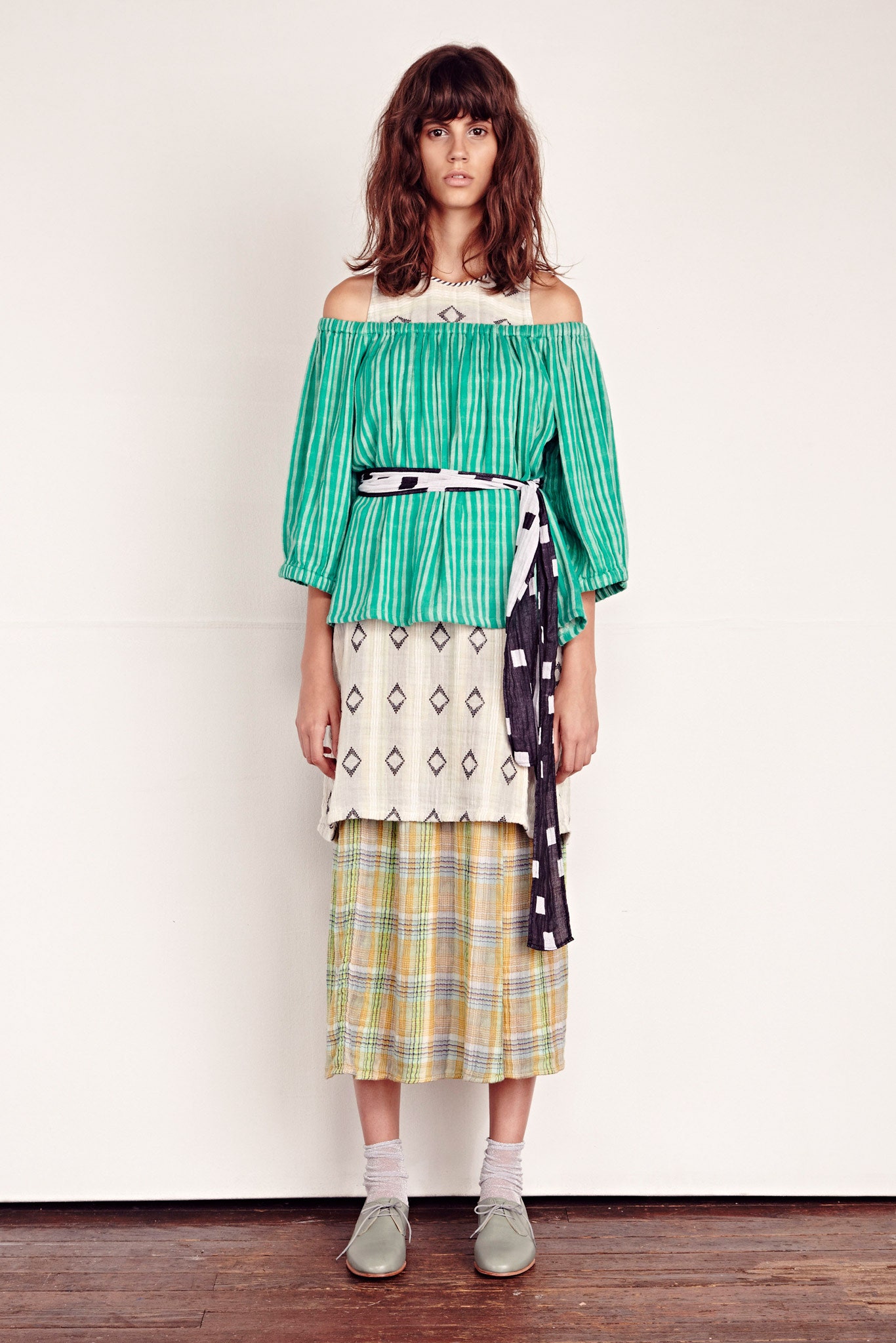green off-shoulder long-sleeve relaxed striped top