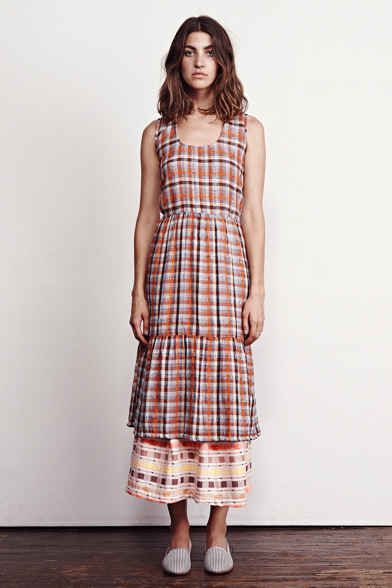 orange and white checked midi dress