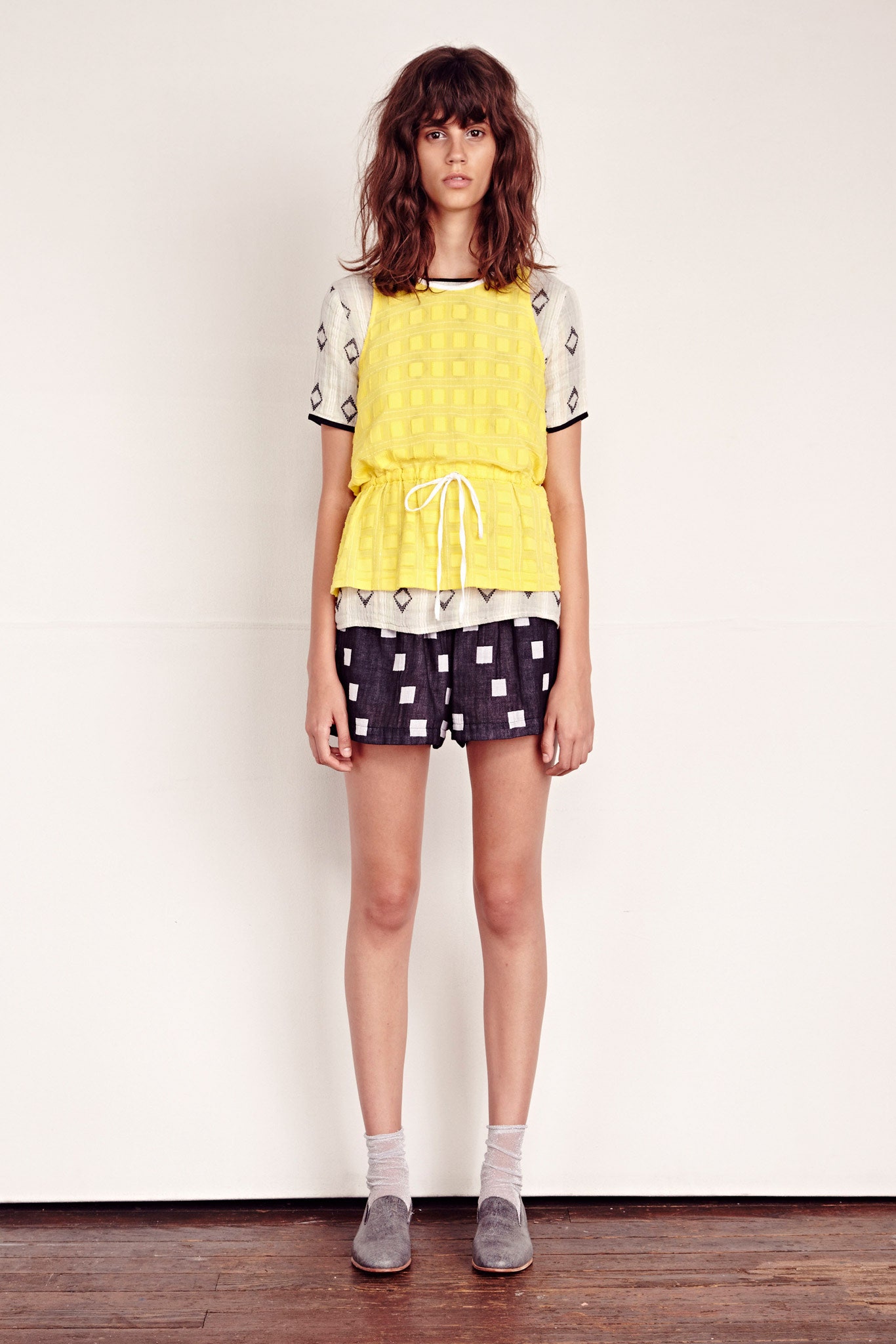 yellow cotton short-sleeve collared relaxed pleated top