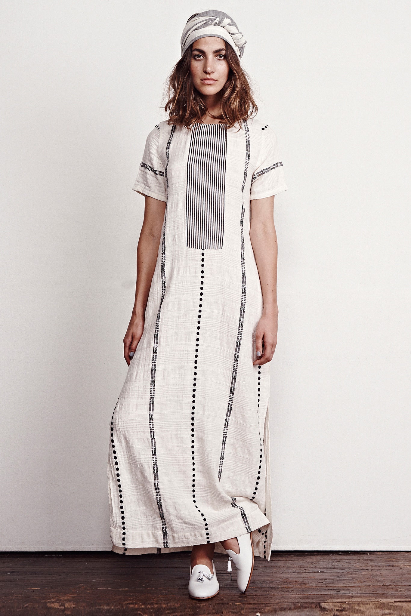 white and black striped maxi dress