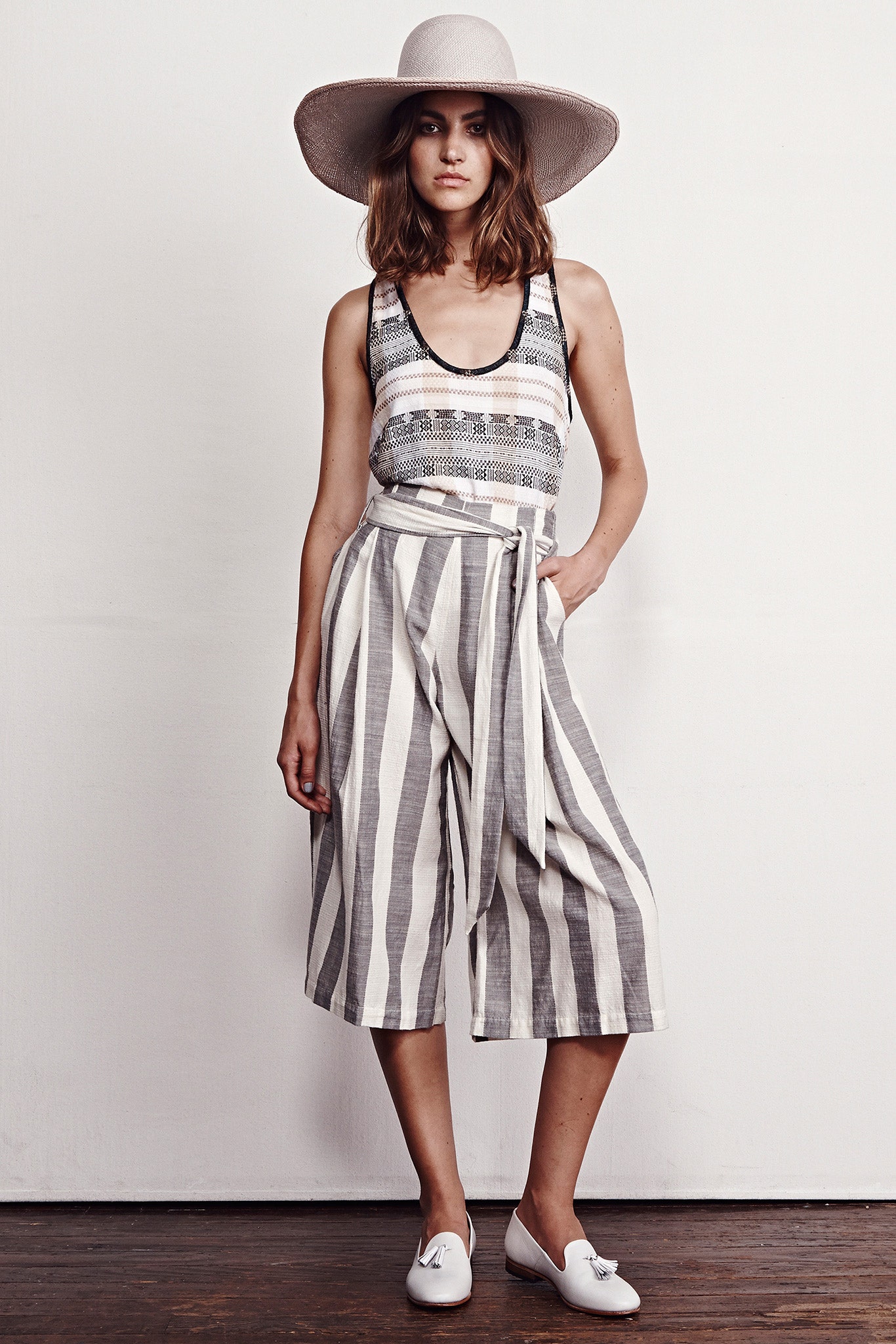 black and white striped tank-top and culottes