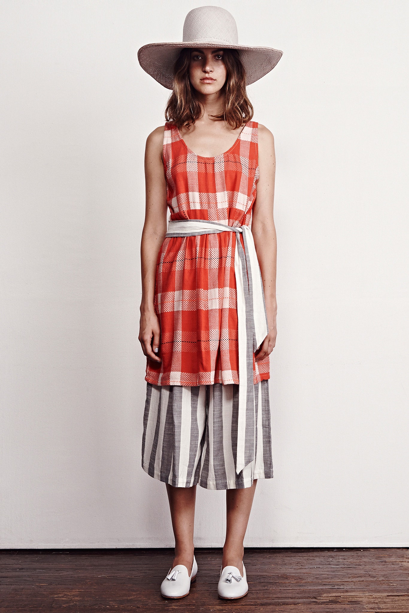 red and gray layered dress with hat