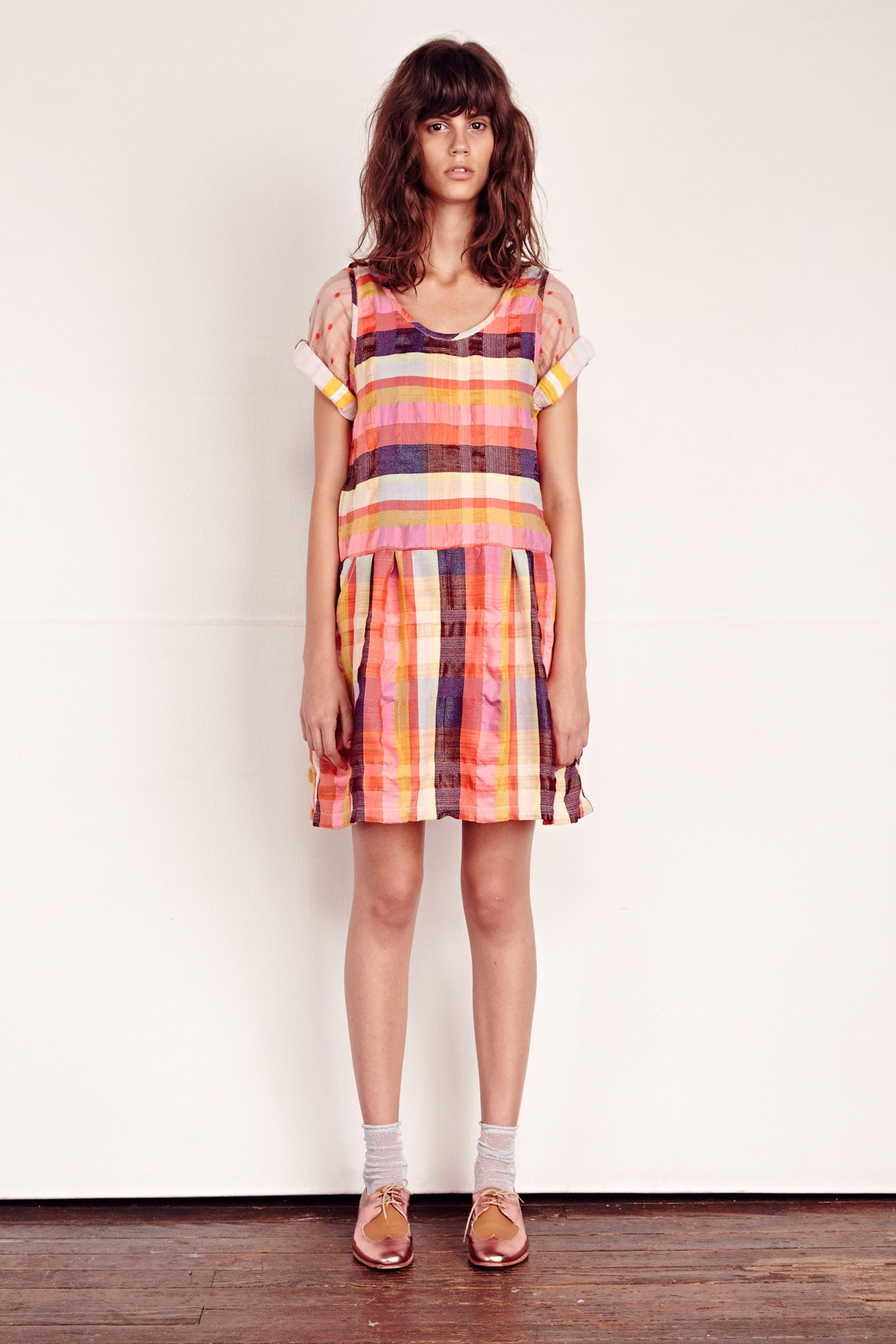 multi cotton sleeveless v-neck relaxed pleated mini dress