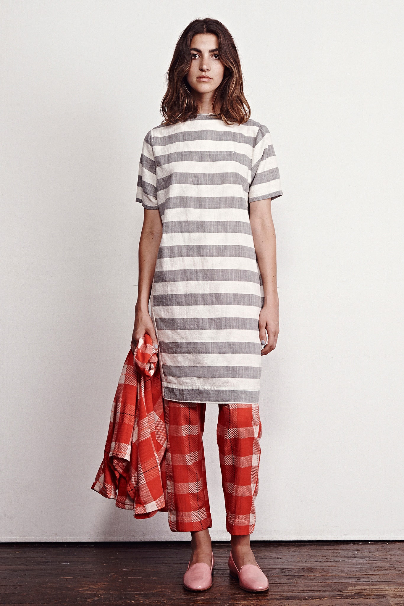 striped midi dress with checked pants
