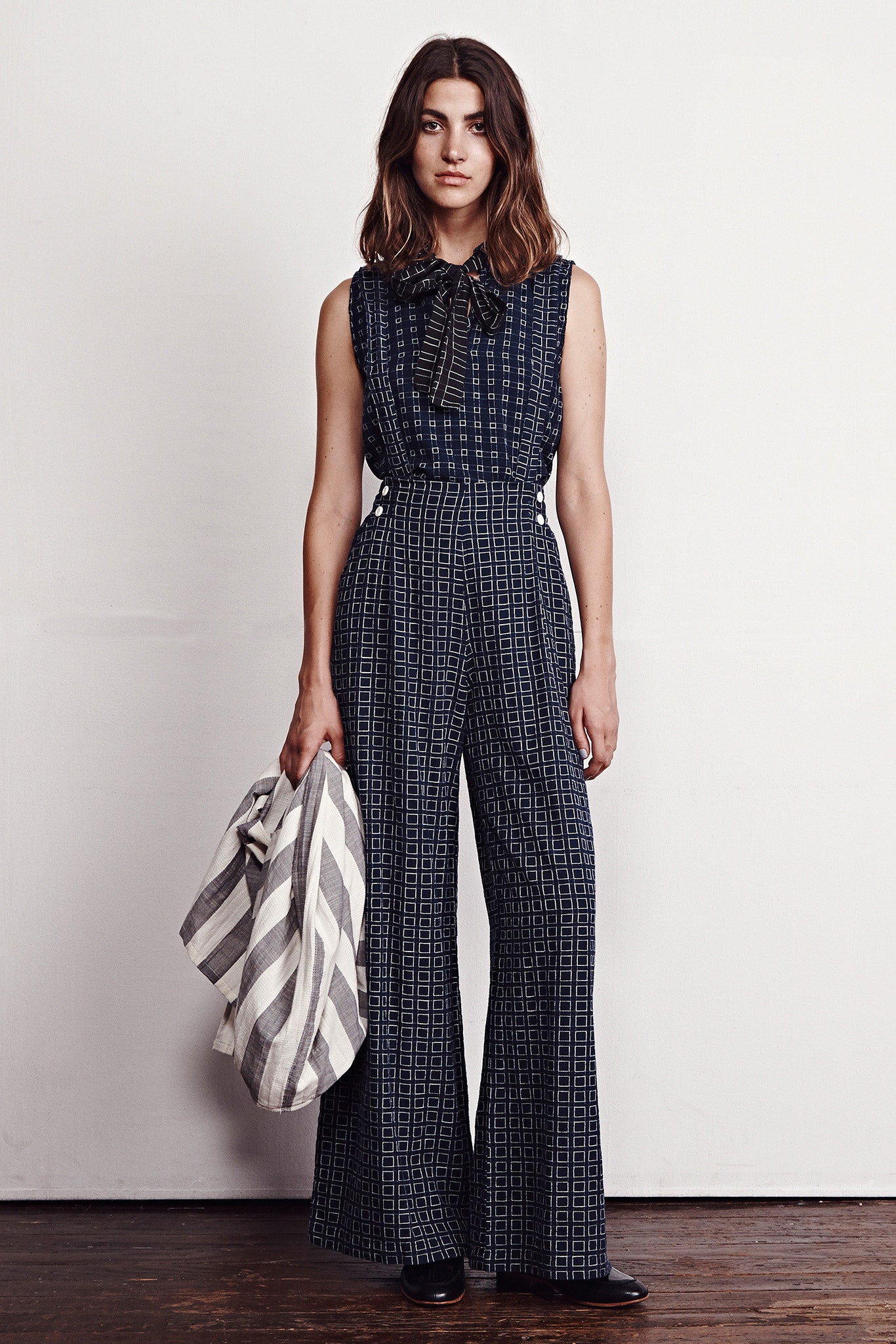 blue and white printed jumpsuit