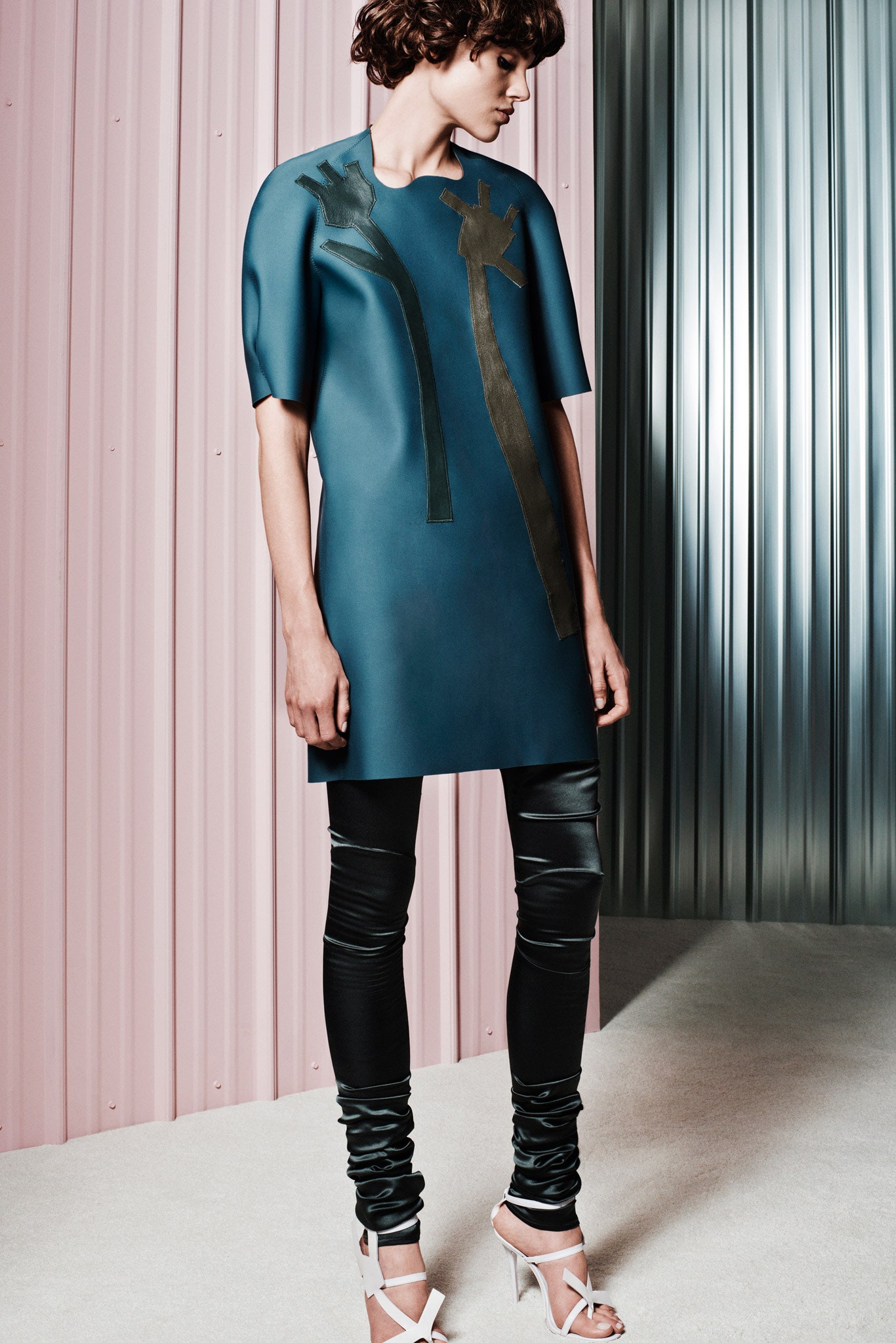 blue vinyl short-sleeve dress