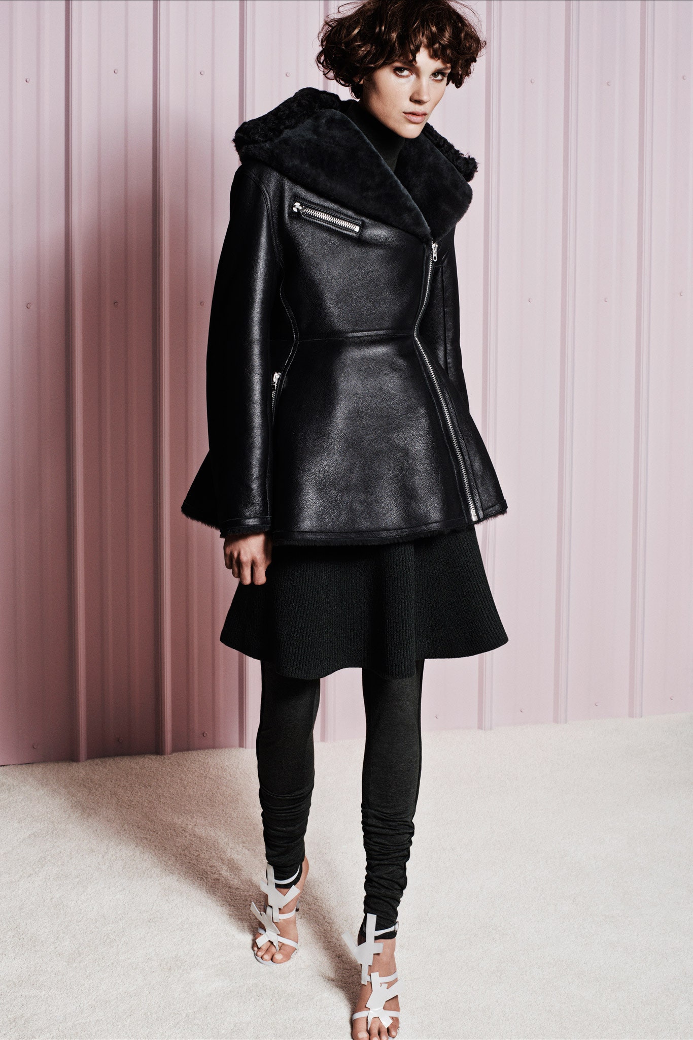black leather long-sleeve collared fitted structured zippered coat