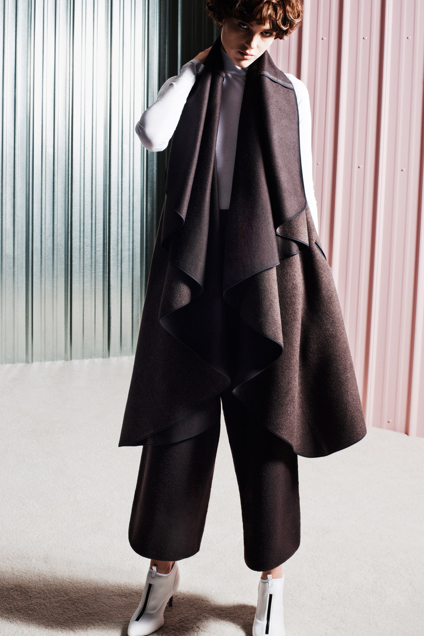 brown wool sleeveless relaxed draped cape