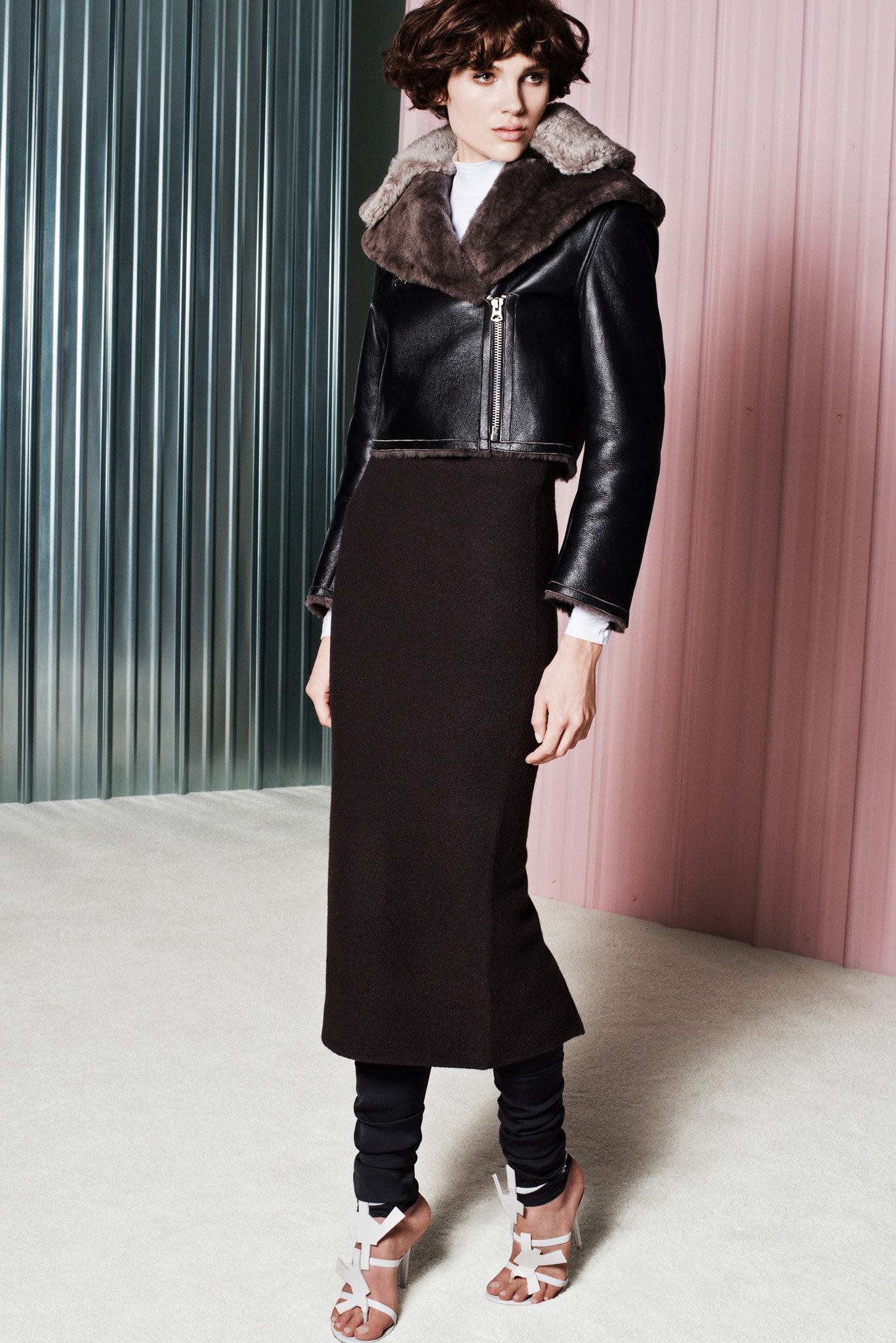 black leather jacket with pencil skirt