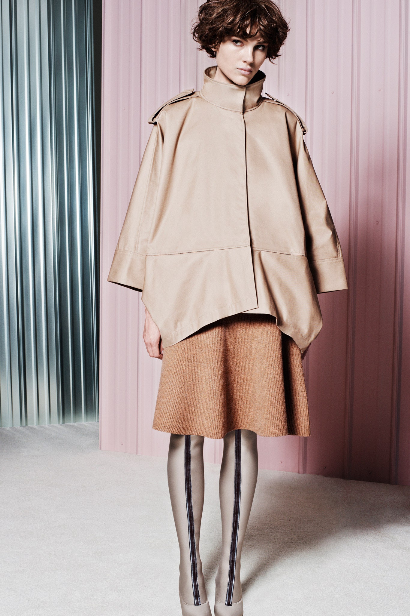 beige leather long-sleeve collared oversized zippered coat
