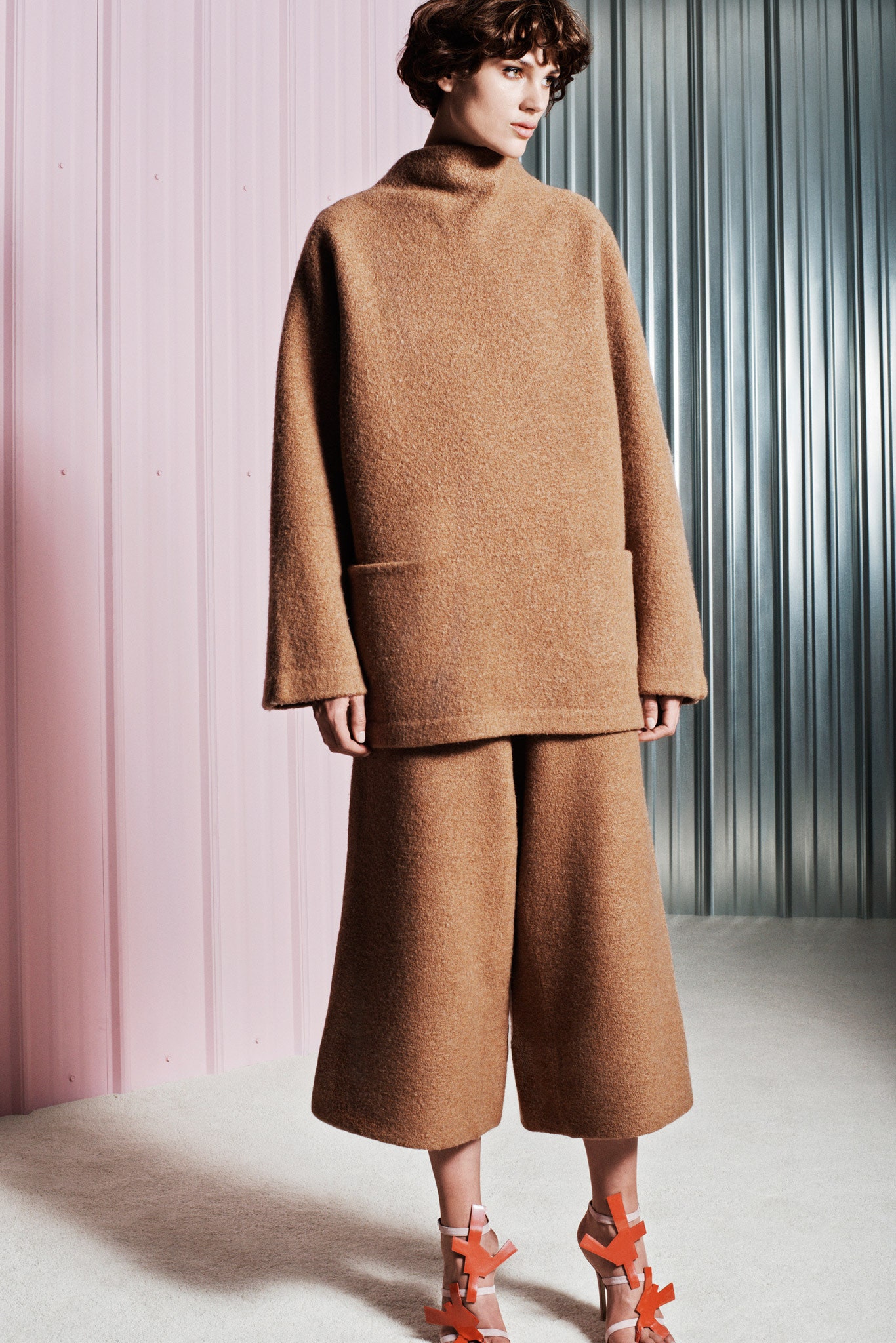 oversized brown wool top and culottes
