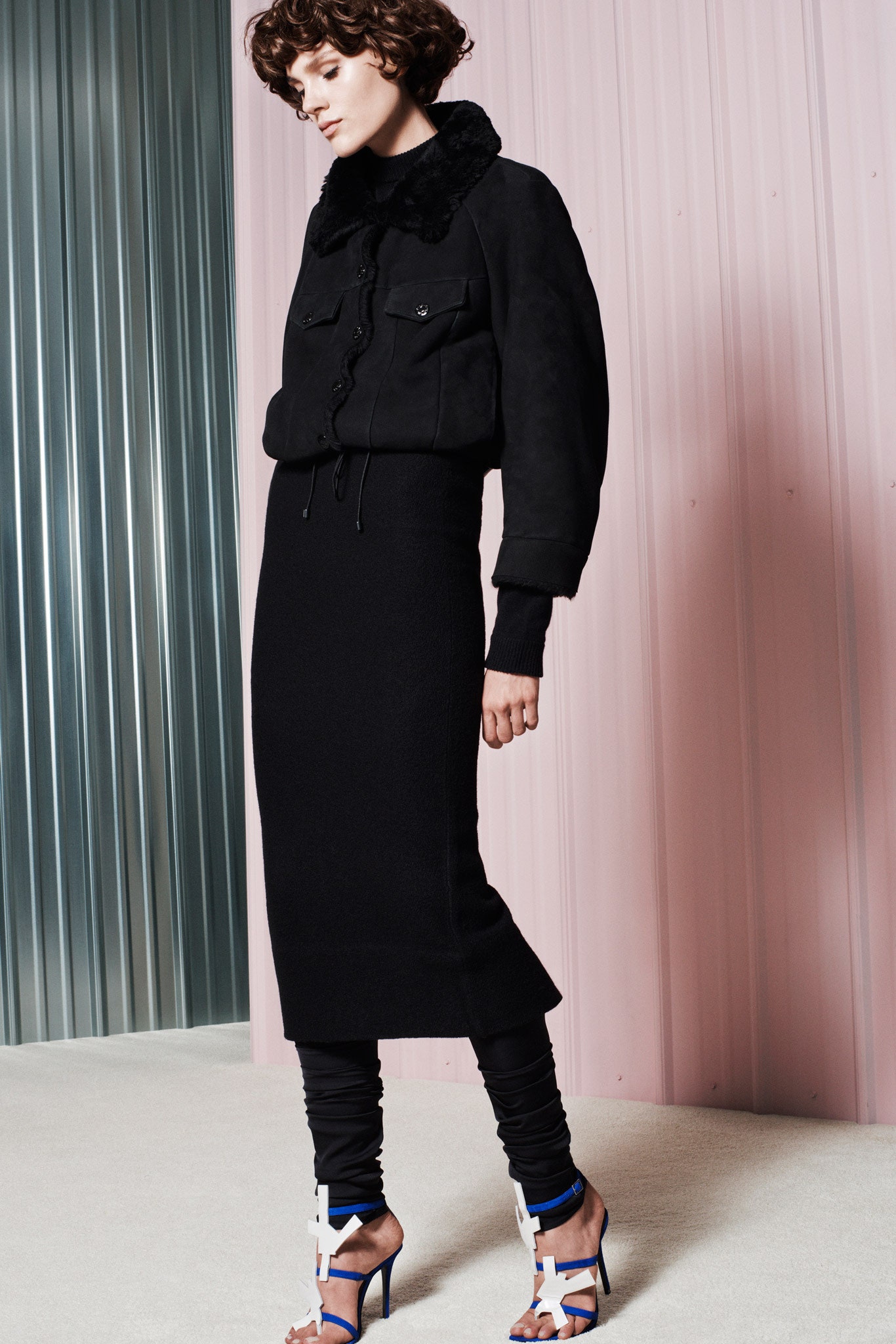 black suede long-sleeve collared fitted zippered pockets jacket